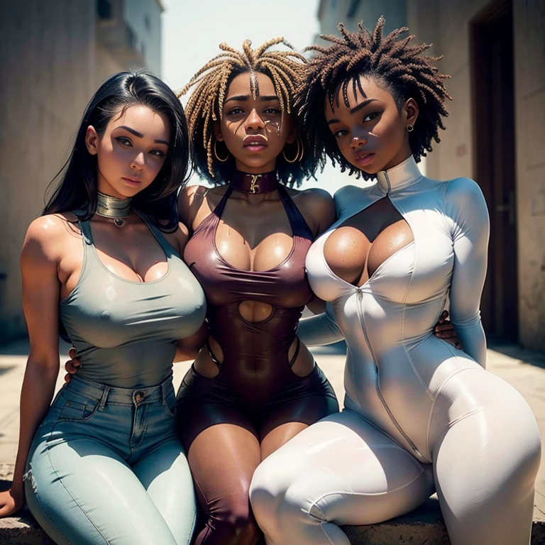 three Afro americana, is seated, 18 anos de idade, is three African Girl, wear white jumpsuit, branco, jumpsuit transparente, virilha esposta, clivagem da genitalia, com decote sexy, veste roupa branca, com pele muito escura, cabelos escuros e crespos, His eyes are dark and personalidade sensual e sexy, African, is hurting, seios grandes e cheios, sweating:1.2), (Wet), sexy, Corar, (Tentador Adulto) , (Seductive dynamic pose) (seios pendurados), (clivagem profunda), seios grandes e flacidos, too large and flabby, Sagging Tits, sagging breast. She is a very sexy, super sexy. best quality, Realistic photo, photo de corpo inteiro, a lot of sweating, muito suada, withe jumpsuit.