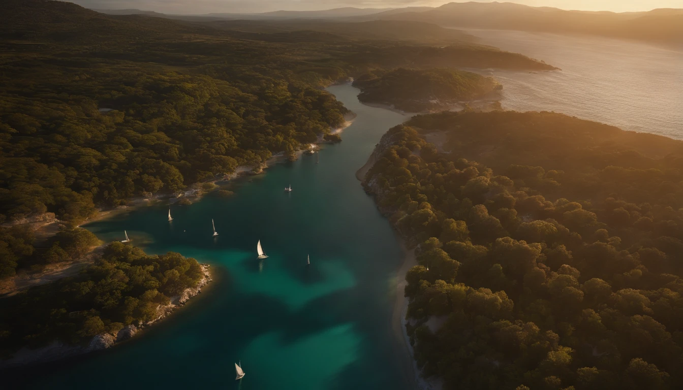 Aerial view of a hyper detailed fantasy world, com uma torre esmeralda no centro da cena, crystal clear waters, With the twilight sky, luz crepuscular, Sunset light, direction of light coming from the right side of the photo, photographic light, ultra foto realista, cinematic realistic photo, 4k, HD, camera R5 com lente de 35 mm --ar 16:9 --s 1000