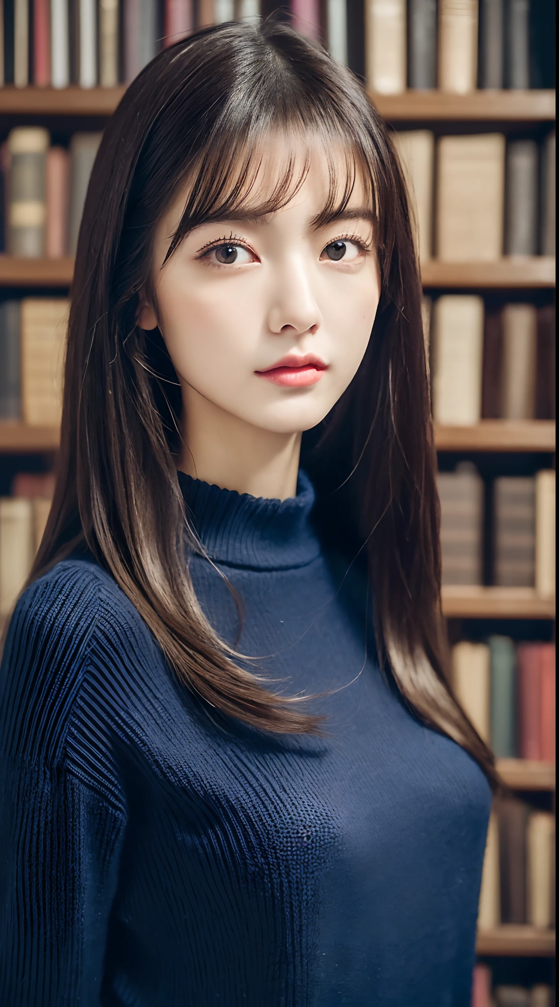 (Highest Quality,realisitic,Photorealsitic,extremely delicate and beautiful,Highly detailed,finely detail,ultra-detailliert,hight resolution:1.3),japanes, femele、(age19)、Viewer's Perspective　((Beautiful and shiny straight semi-long hair))、Bangs are parted in the middle　Embarrassed look　((Half-open lips)),(Beautiful fece:1.2) (kawaii:1.3) front facing　((Half-open lips)),Beautifully groomed hair　((The background is inside a very fashionable luxury library at night:1.3)),((Accurate and detailed human body:1.3)) ((Fashionable Trending Fashion))　((fashion modell:1.3)),Gravure model for fashion magazine　Very classy　Intellectual　((Slightly thicker dark blue knit sweater))long  skirt　Inside a beautiful high-end photo library,((Detailed, ultra-quality, Realistic face reproduction:1.3) decolletage　Sense of depth and openness　Stylish lighting in an old-fashioned British style　((kawaii)) ((Full body like))
