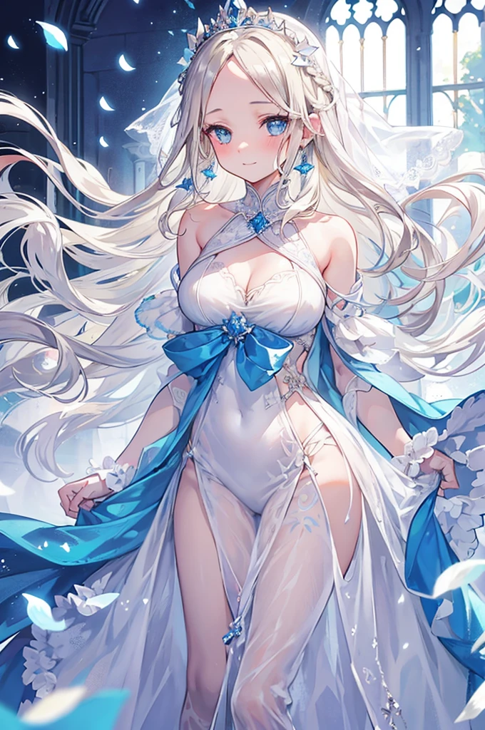 1girl,Red eyes,White hair,Long hair,wavy_hair,necklace,Skin as smooth as milk,Diamond earrings,languor,Isekai,Luminous butterfly,white navel dress, starry sky,Summon circle,(Large:1.1 tear),expressionless,(white shiny (transparency:1.6) crotchless pantyhose)