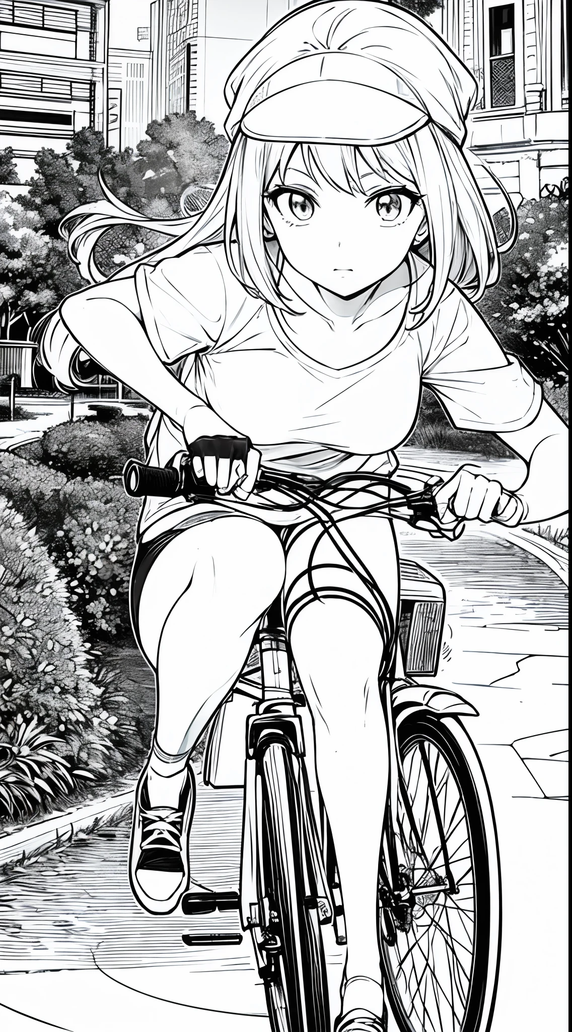 anime mujer en bicicleta blanco y negro,detallado obra maestra