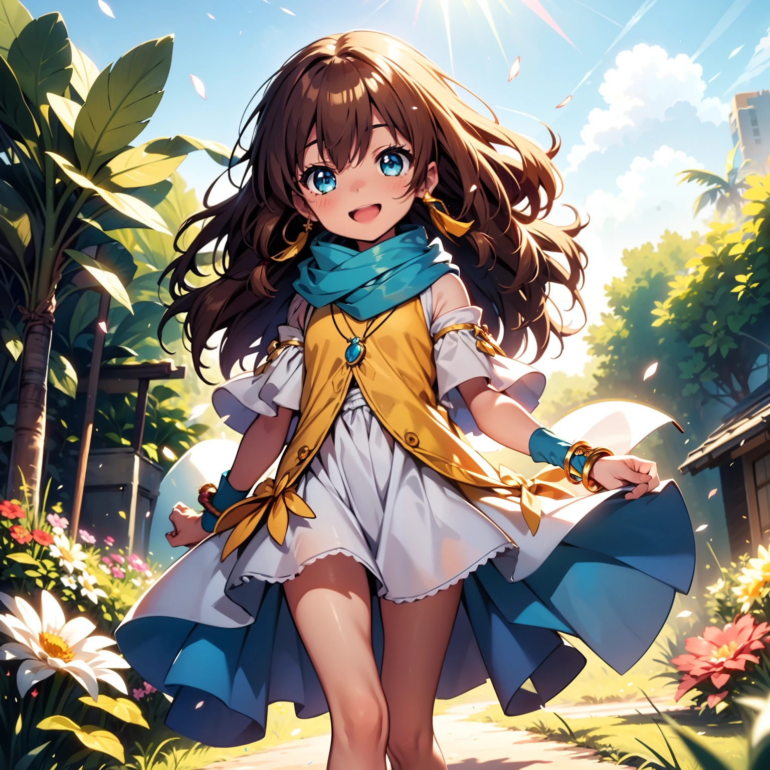 solo, pure happiness, Ultra-detailed, (Realistic, Photorealistic:1.0), vibrant colors, (barren desert background), oasis, sand dunes, falling petals, cute lonely selfish 1girl princess, holding a bouquet of flowers, walking, laughing, XD, flat chest, skinny, very thin legs, thigh gap, ((young)), yellow outfit, silk arm warmers, short skirt, high heeled boots, blue scarf, brown hair, luxurious jewelries, necklaces, pendants, bracelets, earrings, tiara, (glowing shiny magical blue eyes), looking down at viewer, seen from below, hair ribbon, hair flower, depth of field, cinematic lighting, bokeh, masterpiece, anatomically correct