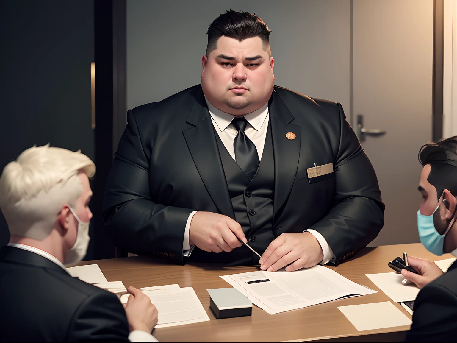 Fat Male Official, Looking disgusting and repulsive, In an expensive black suit, he sits at the table with food