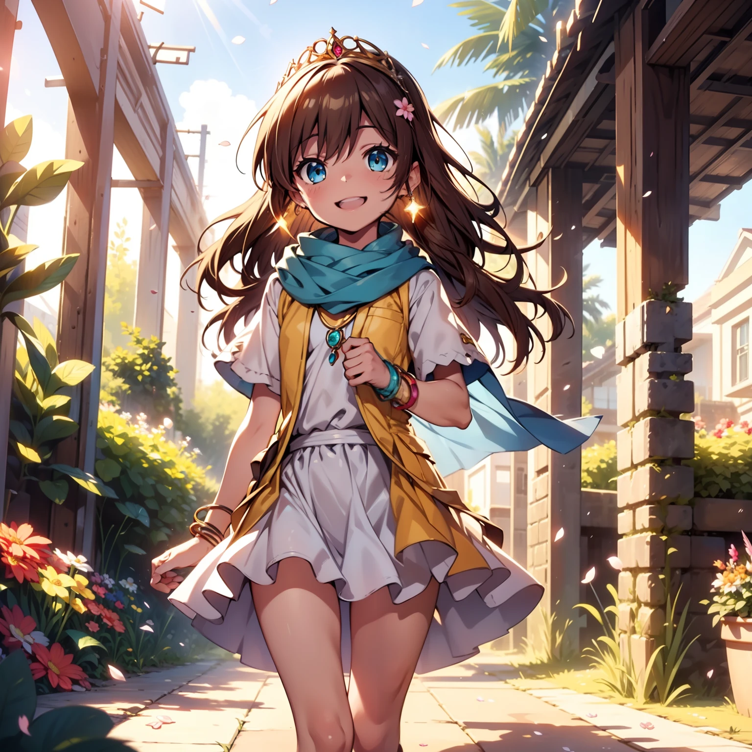 solo, pure happiness, Ultra-detailed, (Realistic, Photorealistic:1.0), vibrant colors, (barren desert background), oasis, sand dunes, falling petals, cute lonely selfish 1girl princess, holding a bouquet of flowers, walking, laughing, XD, flat chest, skinny, very thin legs, thigh gap, ((young)), yellow outfit, silk arm warmers, short skirt, high heeled boots, blue scarf, brown hair, luxurious jewelries, necklaces, pendants, bracelets, earrings, tiara, (glowing shiny magical blue eyes), looking down at viewer, seen from below, hair ribbon, hair flower, depth of field, cinematic lighting, bokeh, masterpiece, anatomically correct