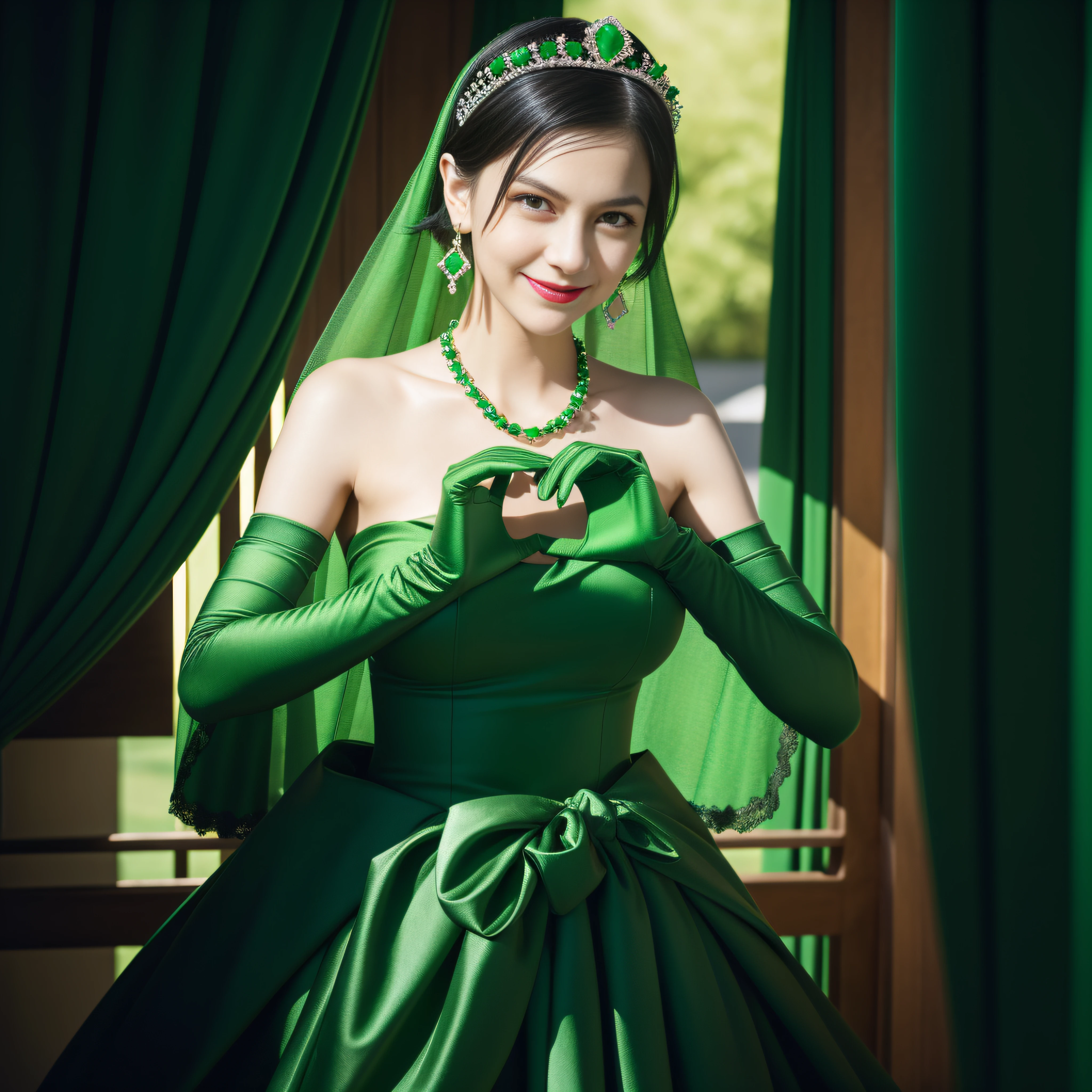 emerald tiara, Green Pearl Necklace, Boyish very short black hair, lipsticks, Japan woman smiling, very short short hair, big breasts beautiful, Green eyes, Long green gloves made of satin material, Green eyes, Emerald Earrings, green vale, Heart with both hands
