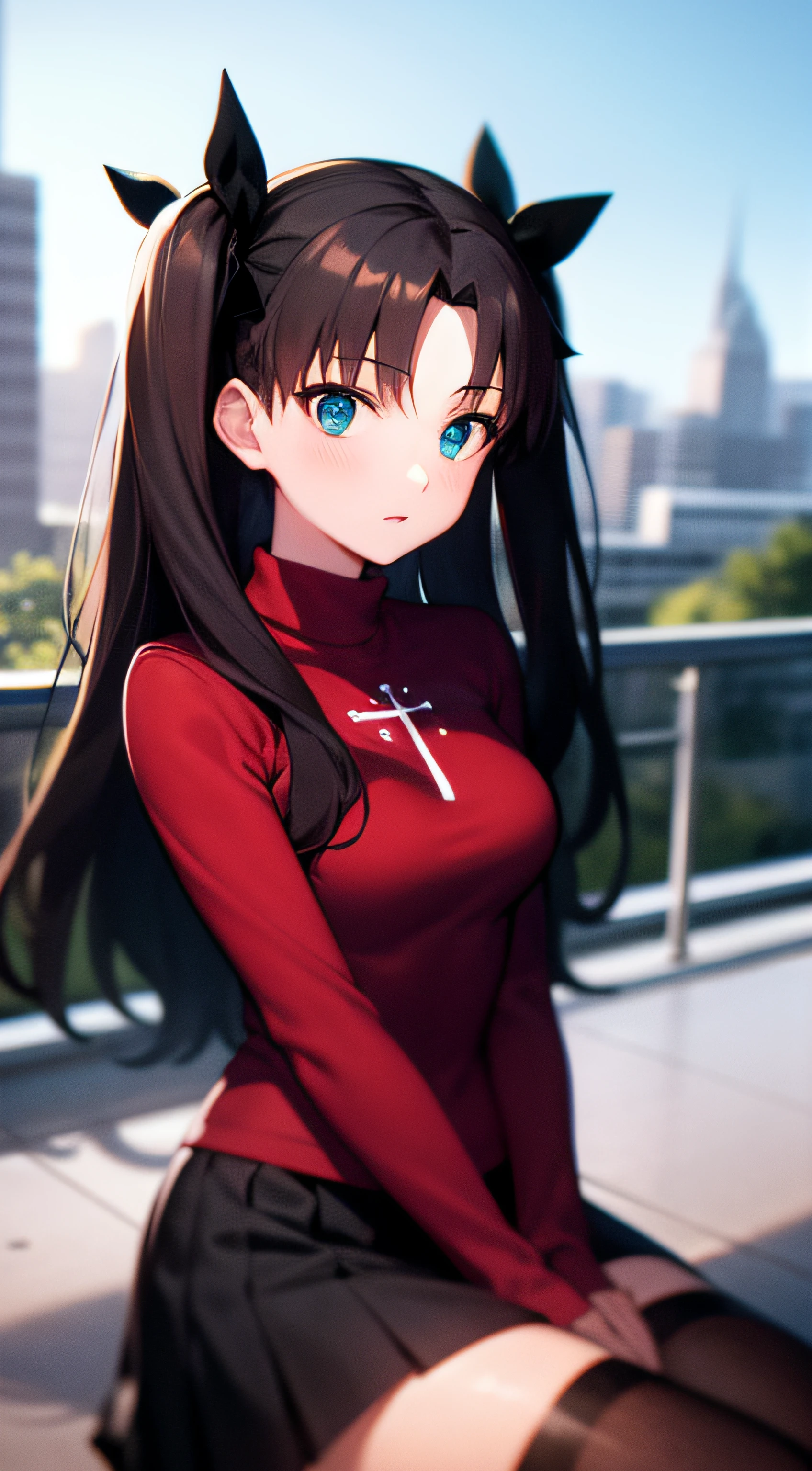 (masterpiece), best quality, expressive eyes, perfect face, 1girl, solo, rintohsaka, rin tohsaka, aqua eyes, black hair, hair ribbon, long hair, ribbon, sidelocks, two side up, black skirt, black thighhighs, long sleeves, miniskirt, pleated skirt, ((red sweater)), skirt, sweater, thighhighs, turtleneck, city background, sitting, character sheet, upper body, portrait, looking at viewer