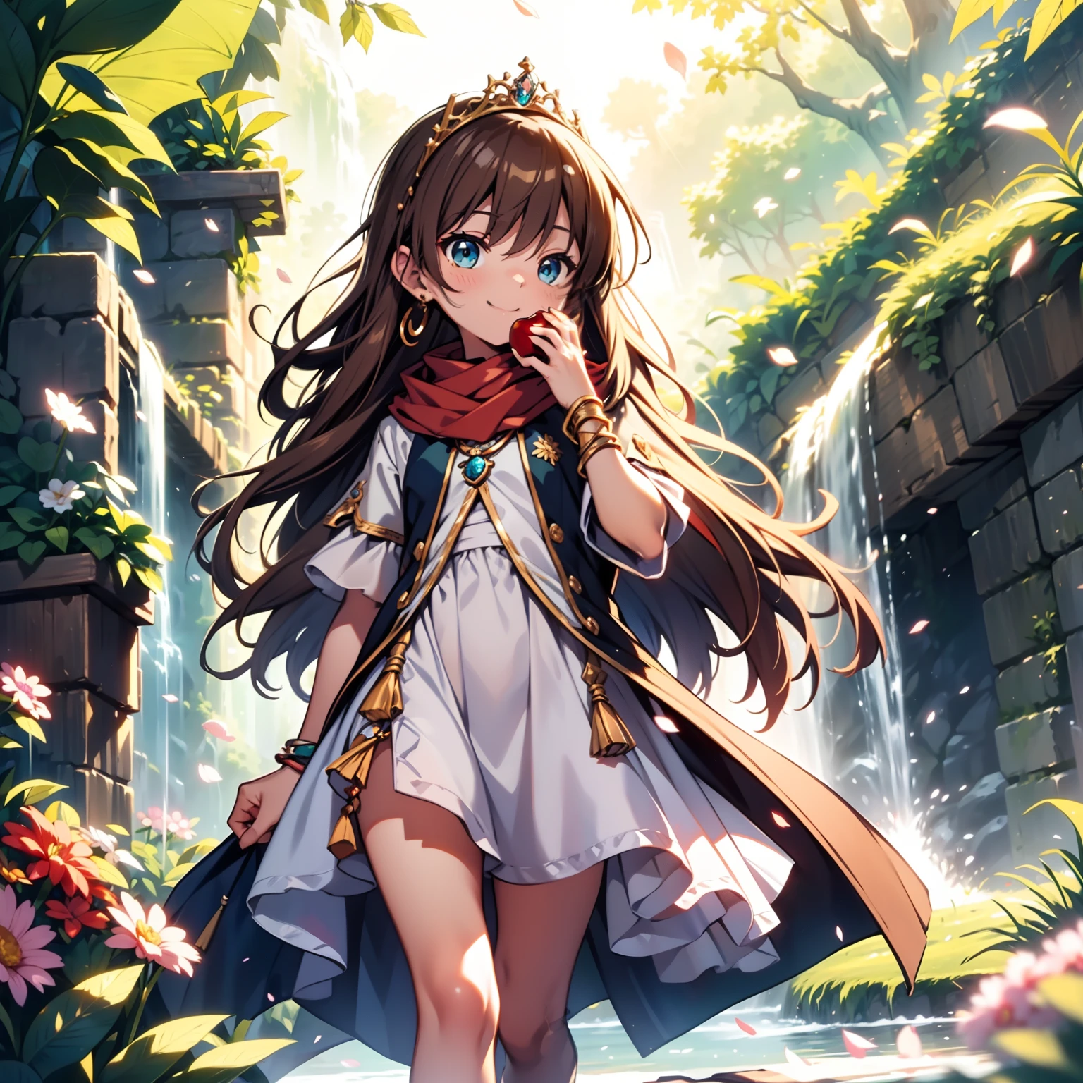 solo, pure happiness, Ultra-detailed, (Realistic, Photorealistic:1.0), vibrant colors, (waterfall background), heaven,, falling petals, cute lonely selfish 1girl princess, eating an apple, walking, flat chest, skinny, very thin legs, anorexic, ((young)), sorceress robe outfit, silk arm warmers, short skirt, high heeled boots, red scarf, brown hair, luxurious jewelries, necklaces, pendants, bracelets, earrings, tiara, (glowing shiny magical blue eyes), looking down at viewer, seen from below, hair ribbon, hair flower, depth of field, cinematic lighting, bokeh, masterpiece, anatomically correct