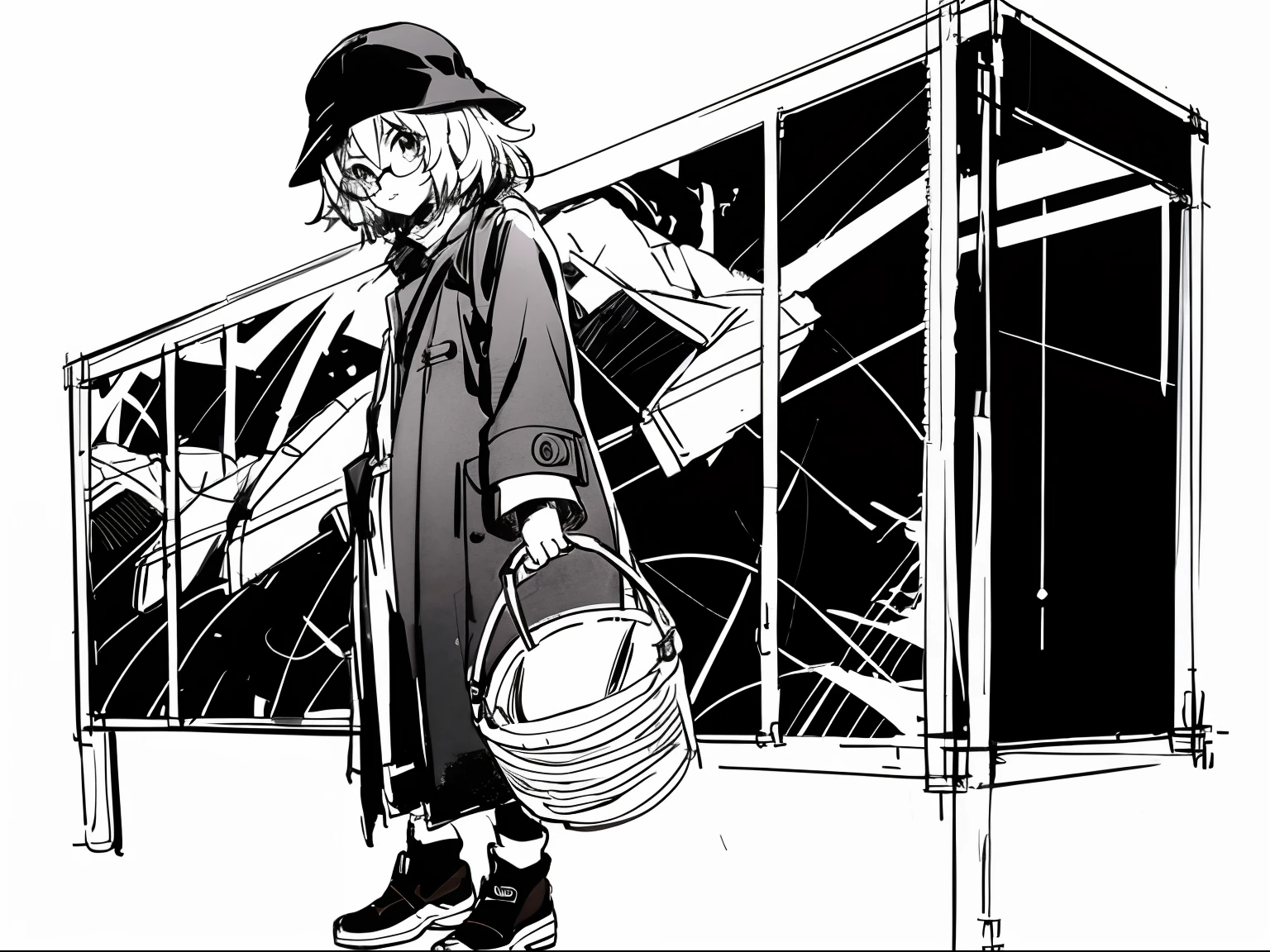 Mirai Kuriyama wearing a coat and a cap, ((empty background)), winter, VHS, vintage, red glasses, bucket hat, manga style, white background, ((monochrome)), far away shot, full body, (sketch), long sleeves, 1girl