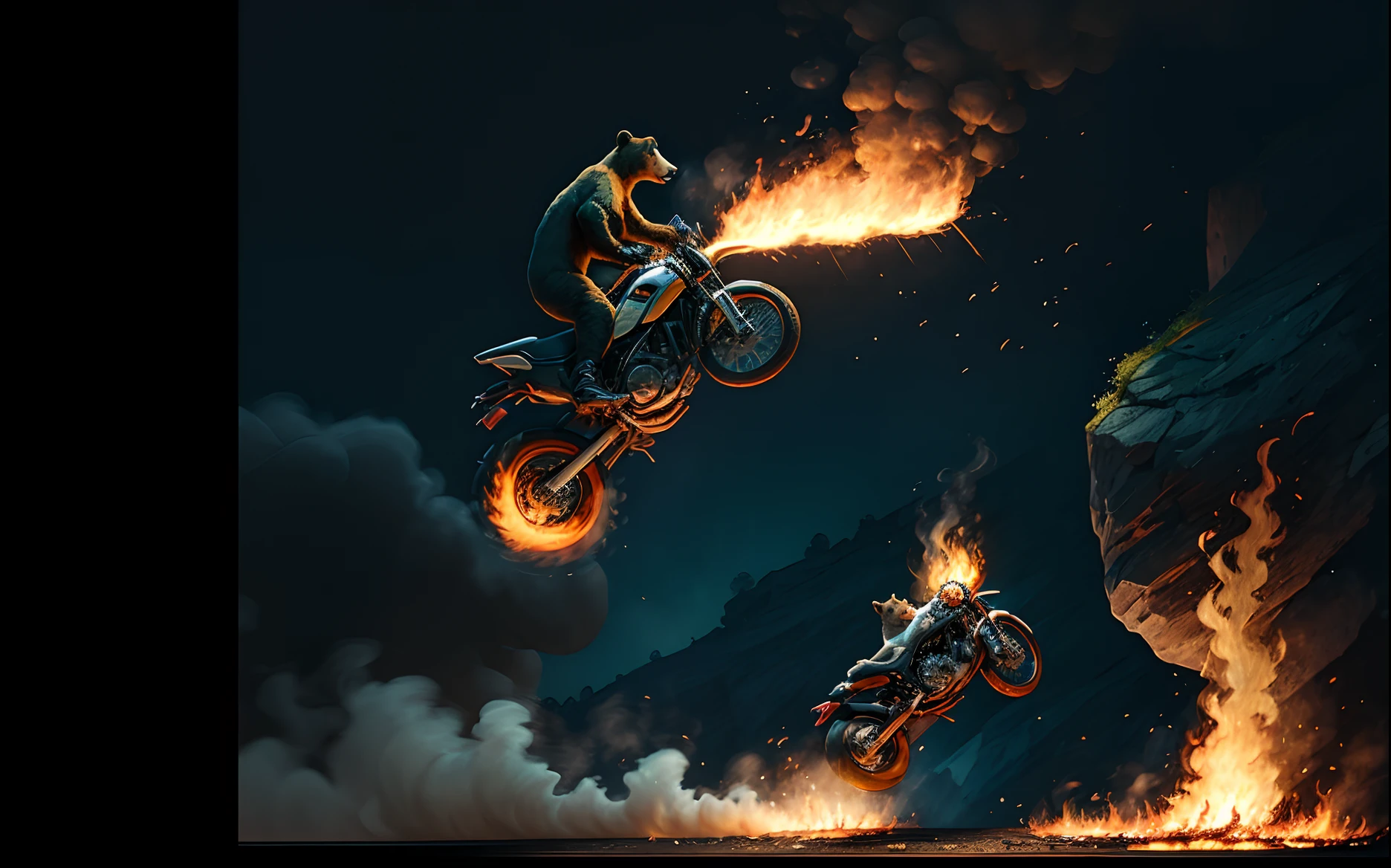 Bear on motorcycle jumping off a cliff with flames