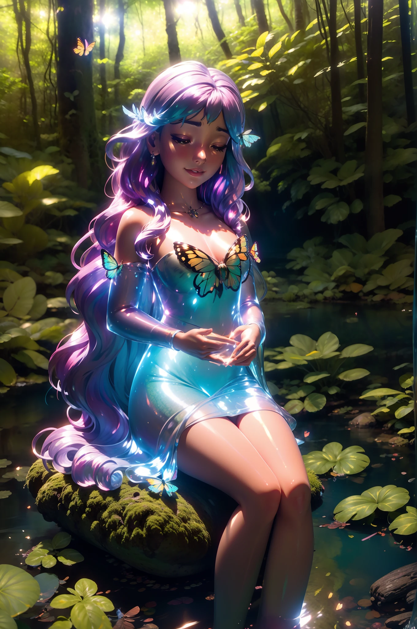 Masterpieces with up to 16K resolution, Anime-style with an emphasis on dynamic 3D perspective. | A beautiful girl with long hair, Dressed as a guild adventurer, Sitting on a rock in a gorgeous forest. With a look of joy and surprise on his face, Tilt your head while admiring the colorful butterflies, She interacts with them, reaching out her hands. | Landscape of sparkling leaves, Bright flowers and fireflies in the foreground, With shrubs, Grassy, Glowing tree in the middle々and squirrels. | Three-dimensional composition, Use elements such as cinematic lighting and twinkle, Soft lighting, Softness and particles add dynamism. Scene of a beautiful girl interacting with colorful butterflies in the forest.