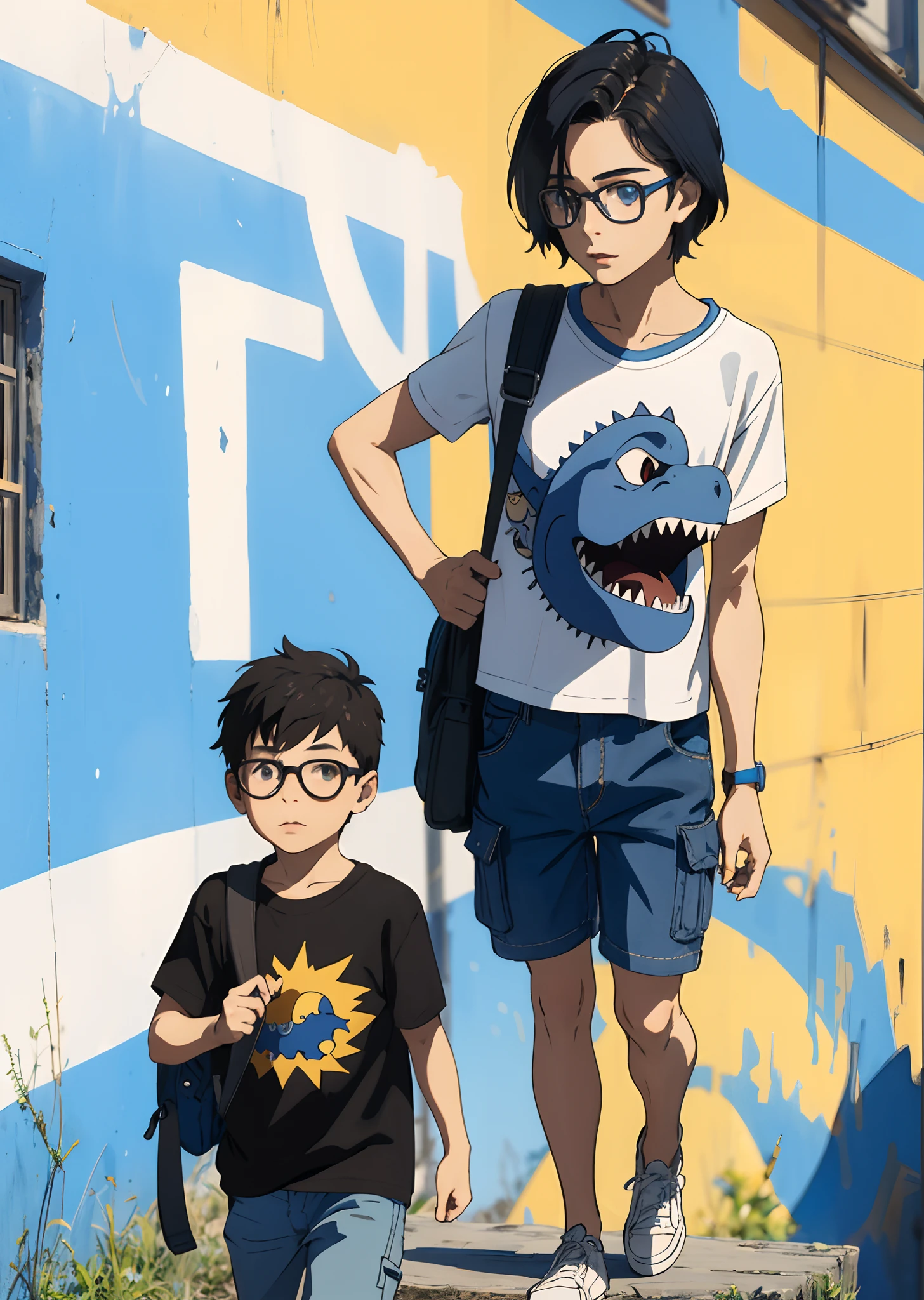 child boy,moreno,cabelo cacheado,olho azul, mochila, eyeglass,blusa de dinossauro, short preto