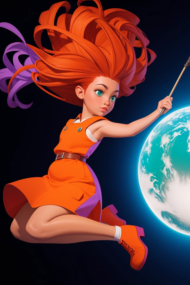 concept art, overhead angle of a Will-o'-the-wisp, wearing Funny Somali Emerald deep orange Pinafore, Caramel hair styled as Short hair, fluorescent purple Hair tie, equirectangular 360, Highres,  [(art by Willi Baumeister:1.1), (art by John T. Biggers:1.2)::17], official art, unity 8k wallpaper, ultra detailed, aesthetic, masterpiece, best quality, photorealistic