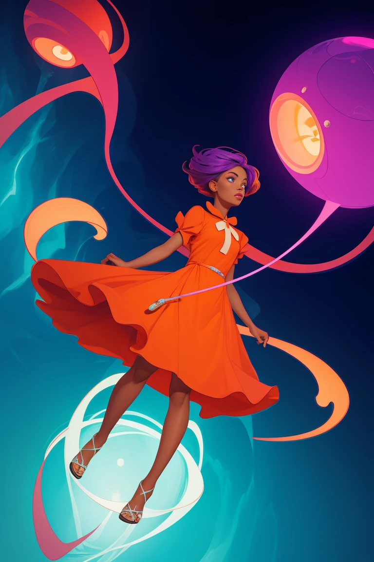 concept art, overhead angle of a Will-o'-the-wisp, wearing Funny Somali Emerald deep orange Pinafore, Caramel hair styled as Short hair, fluorescent purple Hair tie, equirectangular 360, Highres,  [(art by Willi Baumeister:1.1), (art by John T. Biggers:1.2)::17], official art, unity 8k wallpaper, ultra detailed, aesthetic, masterpiece, best quality, photorealistic