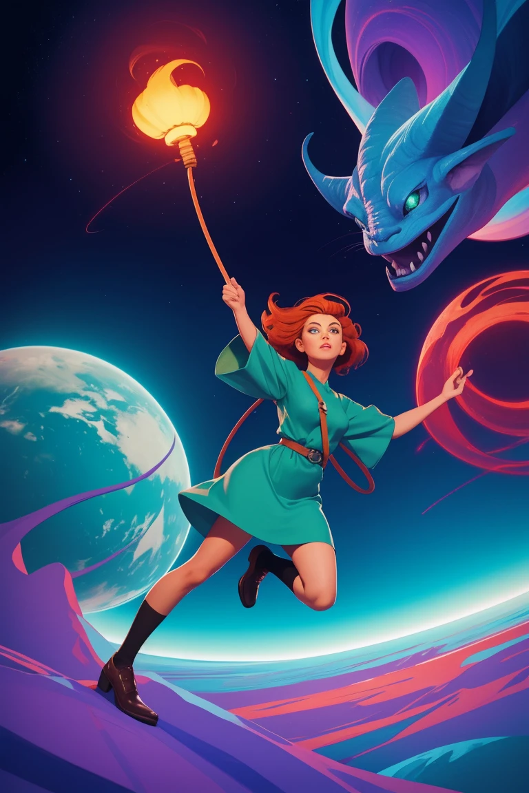 concept art, overhead angle of a Will-o'-the-wisp, wearing Funny Somali Emerald deep orange Pinafore, Caramel hair styled as Short hair, fluorescent purple Hair tie, equirectangular 360, Highres,  [(art by Willi Baumeister:1.1), (art by John T. Biggers:1.2)::17], official art, unity 8k wallpaper, ultra detailed, aesthetic, masterpiece, best quality, photorealistic