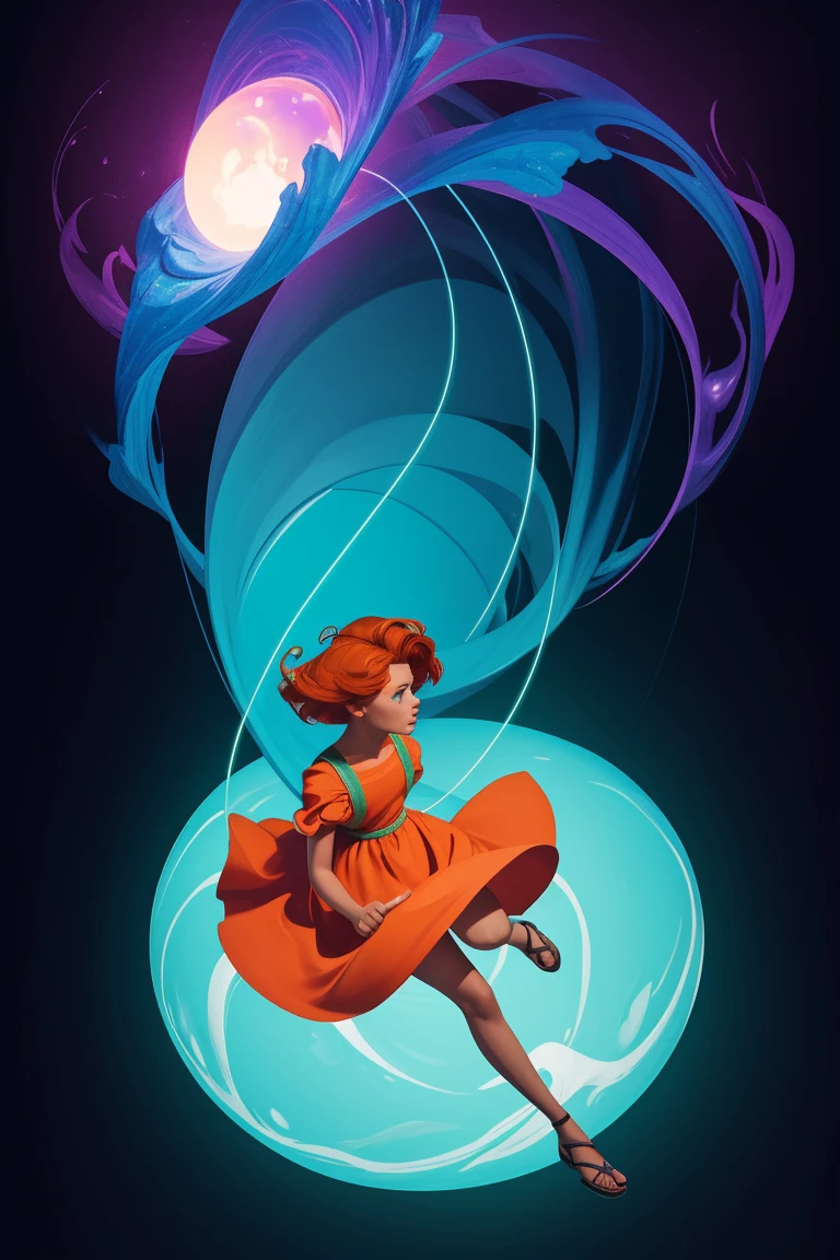 concept art, overhead angle of a Will-o'-the-wisp, wearing Funny Somali Emerald deep orange Pinafore, Caramel hair styled as Short hair, fluorescent purple Hair tie, equirectangular 360, Highres,  [(art by Willi Baumeister:1.1), (art by John T. Biggers:1.2)::17], official art, unity 8k wallpaper, ultra detailed, aesthetic, masterpiece, best quality, photorealistic