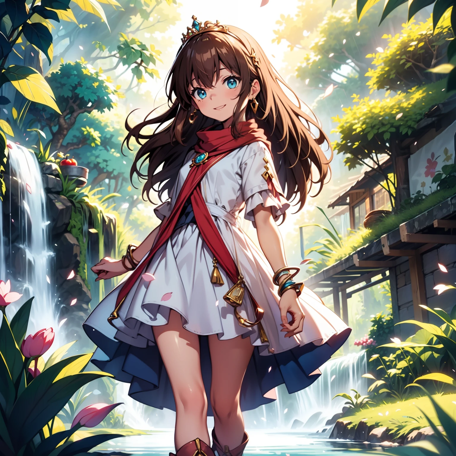 solo, pure happiness, Ultra-detailed, (Realistic, Photorealistic:1.0), vibrant colors, (waterfall background), heaven,, falling petals, cute lonely selfish 1girl princess, holding an apple, walking, flat chest, skinny, very thin legs, anorexic, ((young)), sorceress robe outfit, silk arm warmers, short skirt, high heeled boots, red scarf, brown hair, luxurious jewelries, necklaces, pendants, bracelets, earrings, tiara, (glowing shiny magical blue eyes), looking down at viewer, seen from below, hair ribbon, hair flower, depth of field, cinematic lighting, bokeh, masterpiece, anatomically correct