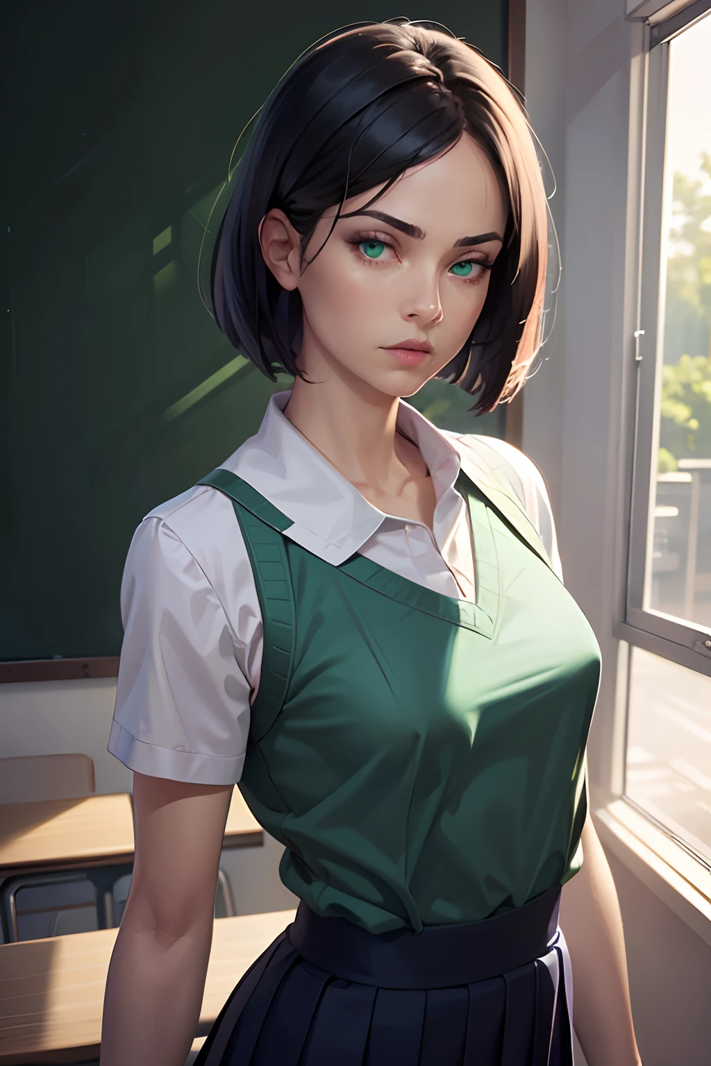 (best quality, masterpiece:1.2), mature woman, detailed hair, detailed eyes, detailed lips, valorantViper, green eyes, glowing eyes, small mouth, (small breasts), [abs:0.4], school uniform, skirt, classroom, looking at viewer, glare, no weapon, realistic colors, studio lighting, no mask, furrowed brow