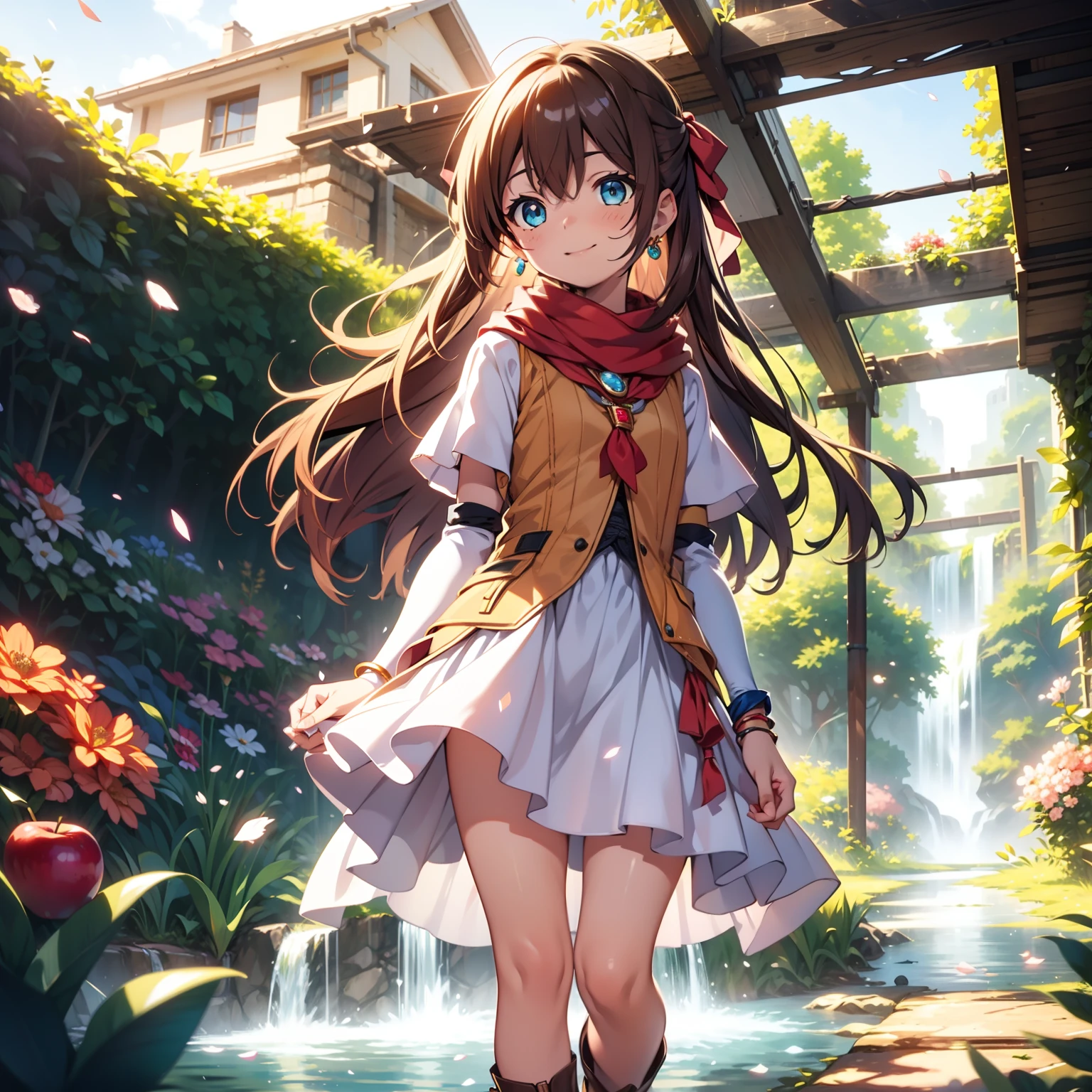 solo, pure happiness, Ultra-detailed, (Realistic, Photorealistic:1.0), vibrant colors, (waterfall background), heaven,, falling petals, cute lonely selfish 1girl princess, holding an apple, walking, flat chest, skinny, very thin legs, anorexic, ((young)), black school girl outfit with fishnets, silk arm warmers, short skirt, high heeled boots, red scarf, brown hair, luxurious jewelries, necklaces, pendants, bracelets, earrings, tiara, (glowing shiny magical blue eyes), looking down at viewer, seen from below, hair ribbon, hair flower, depth of field, cinematic lighting, bokeh, masterpiece, anatomically correct