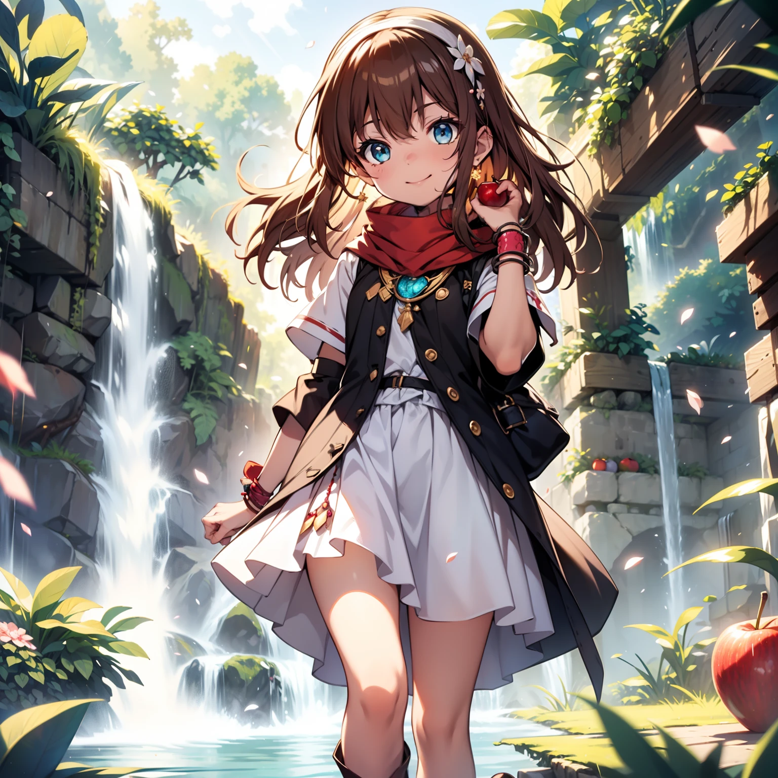 solo, pure happiness, Ultra-detailed, (Realistic, Photorealistic:1.0), vibrant colors, (waterfall background), heaven,, falling petals, cute lonely selfish 1girl princess, holding an apple, walking, flat chest, skinny, very thin legs, anorexic, ((young)), black school girl outfit with fishnets, silk arm warmers, short skirt, high heeled boots, red scarf, brown hair, luxurious jewelries, necklaces, pendants, bracelets, earrings, tiara, (glowing shiny magical blue eyes), looking down at viewer, seen from below, hair ribbon, hair flower, depth of field, cinematic lighting, bokeh, masterpiece, anatomically correct