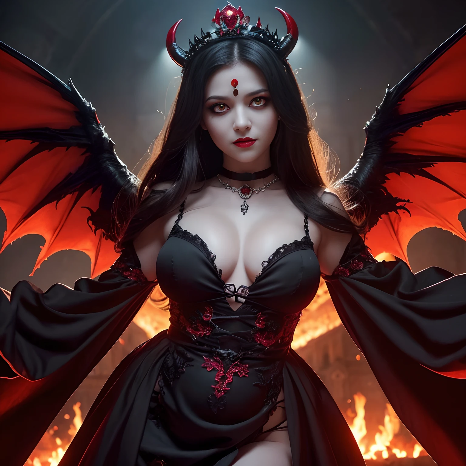 Evil and beautiful queen, Medieval dresses,Pregnancy,A slight smil,Japan and Spanish Half Princess,(Her glowing red eyes:1.5),(Her eyes glow red:1.5),Giant Devil's Horn,Creepy and ugly demon horns grow,Intricate and realistic demon horns,A great calamity々Devil's Wings,(Perfectly recreate the details of the hopelessly terrifying demon:1.4),Very scary and ugly devil's wings,Very complex and creepy demon wings,Giant and terrifying demon wings,Blood Red Lip,facing front,Evil makeup,Perfect Demon Costume,Blood is flowing,Maniacal,The background is an ominous, Gothic medieval European castle,The background is the interior of a complex castle,Detailed backgrounds,Flames burning in the background,Perfect gas chamber,Bewitching and sexy smile,castle at night,A slight smil,Devil decoration,Devil dress with intricate decorations, Devil's Black Dress,Intricate tiara,Dresses in black tones, large full breasts,Evil decoration, ruby decoration, Artistic Design Choker, Evil pattern decoration, ,Shining crown, Finest necklaces, artistic décor, Princess Dresses, Dresses with lots of jewelry, Chest that seems to burst,Dresses with a narrow waist,A dress that tightens the waist,A detailed face, Highest Quality, 8K, SLR Camera Photography,Award-Winning Works