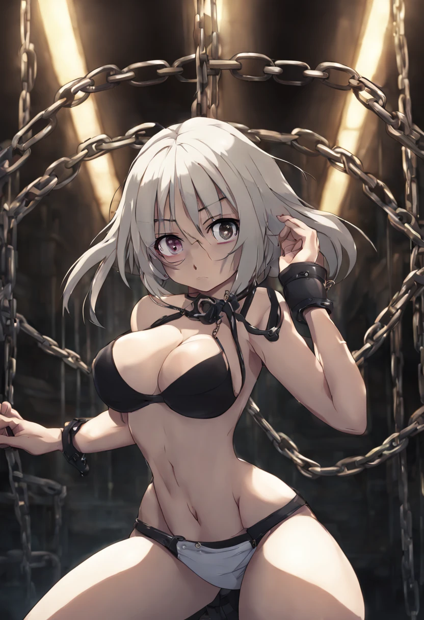 (masterpiece), best quality, expressive eyes, perfect face, anime, cute, bikini, barefoot, feet, ugly crying, in a dark basement, chained, open legs, chained, big, hands chained, binded, binded, slave collars, chains around the neck, scared, anxious, big breasts, arms chained, arms up