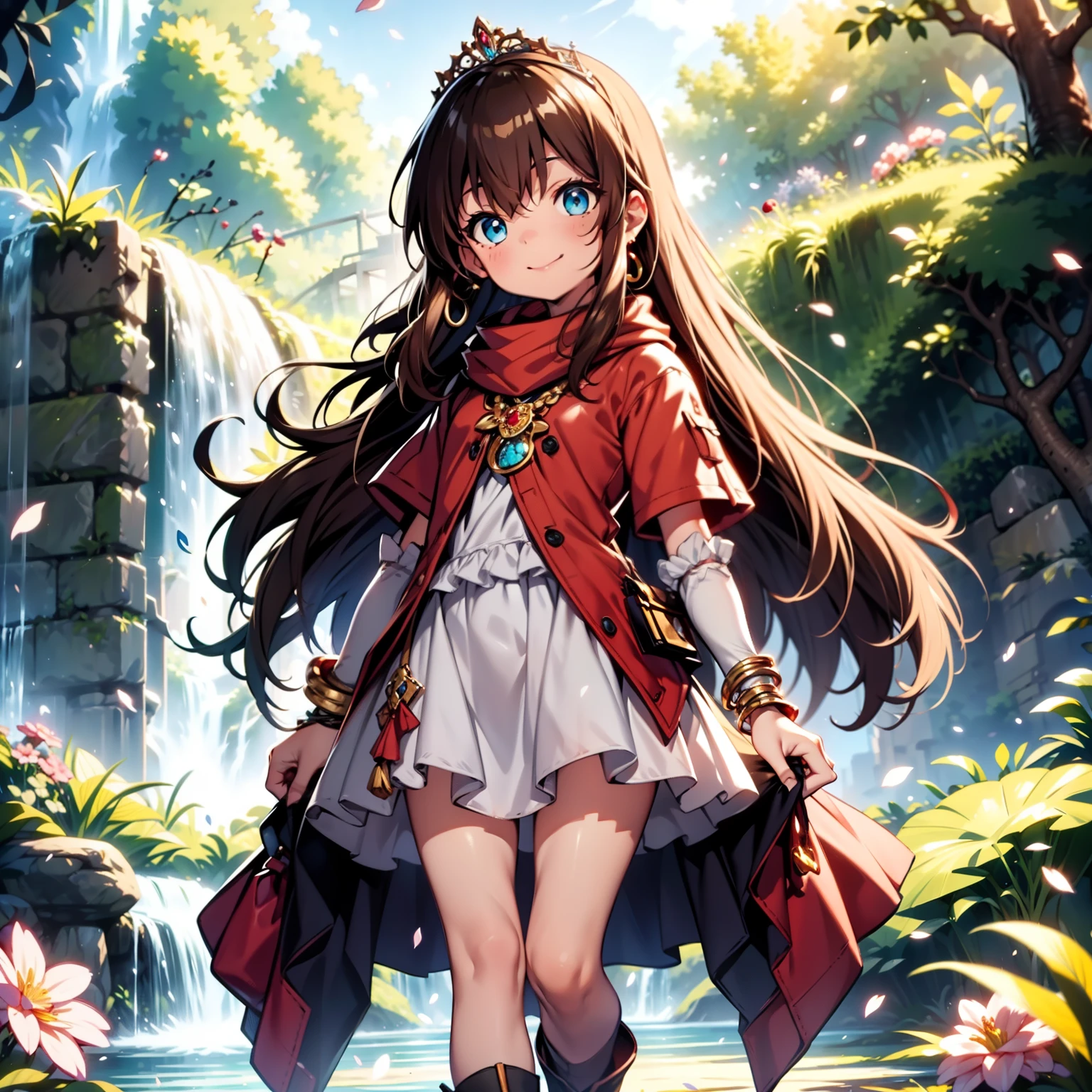 solo, pure happiness, Ultra-detailed, (Realistic, Photorealistic:1.0), vibrant colors, (waterfall background), heaven,, falling petals, cute lonely selfish 1girl princess, holding a magical sword, walking, flat chest, skinny, very thin legs, anorexic, ((young)), black school girl outfit with fishnets, silk arm warmers, short skirt, high heeled boots, red scarf, brown hair, luxurious jewelries, necklaces, pendants, bracelets, earrings, tiara, (glowing shiny magical blue eyes), looking down at viewer, ((from below)), hair ribbon, hair flower, depth of field, cinematic lighting, bokeh, masterpiece, anatomically correct, (close-up)