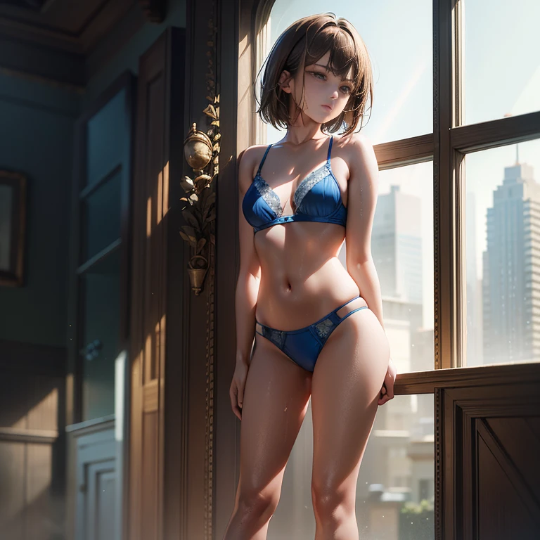 Top Quality, Masterpiece, Ultra High Resolution, (Photorealistic: 1.4), Raw Photo, 1 Girl, Light Brown Hair, Bob Hair, Glossy Skin, WET BODY, Dramatic Lighting, Full Body,, Blue Bra, Blue T-Back, Small, 19 Year Old Woman, Masterpiece, Slouching Pose, celestial dragon