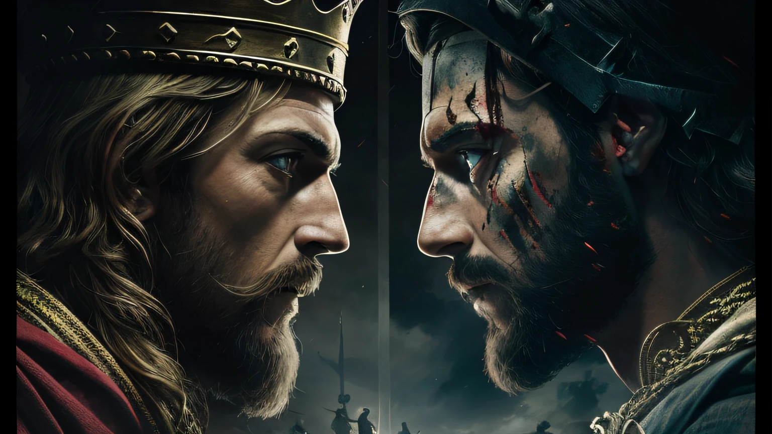 imagem de um homem com uma coroa e um homem com uma barba, Batalha dos Reis, Retorno do Rei. cinemactic, # Film, Camelot, editing, Directed by: Robert Walker Macbeth, Reino, cinematic battle, Rei Artur, A Coroa, foto de retrato, king richard the lionheart, batalha intensa, arte chave, VIQUINGUES, Directed by: Roman Bezpalkiv