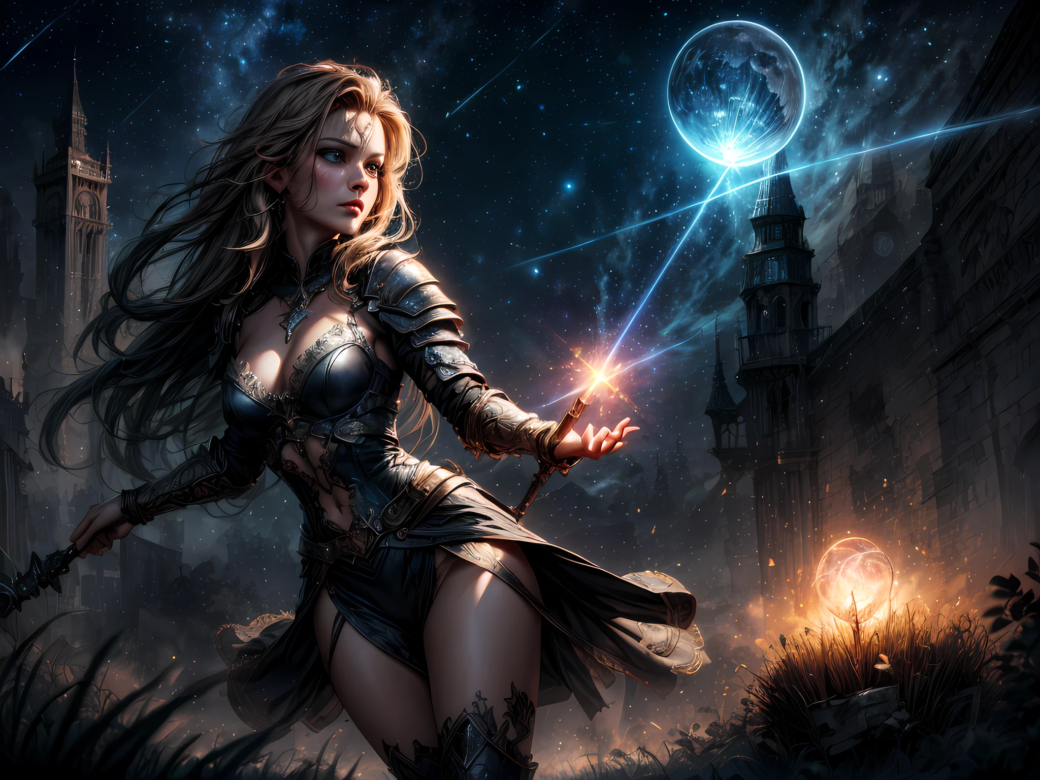 high details, best quality, 16k, absurdres [ultra detailed], masterpiece, best quality, (extremely detailed), dynamic angle, ultra wide shot, photorealistic, ((fantasy art)) ((larry elmore style)), dnd art, rpg art, realistic art, female human druid of the stars, guardian of nature, controlling magical energy made of stars, swirling blue stary magical light, divine symbols (1.5 intricate details, Masterpiece, best quality, absurdres), human female,  extremally beautiful, ultra feminine, dynamic hair, dynamic hair color, wearing leather armor, holding a staff, moon light, stars, dynamic natural background,  RPG art, magical atmosphere magic-fantasy-forest, ultra best realistic, best details, best quality, absurdres, 16k, [ultra detailed], masterpiece, best quality, (extremely detailed), ultra wide shot, photorealism, depth of field, hyper realistic painting, 3D rendering