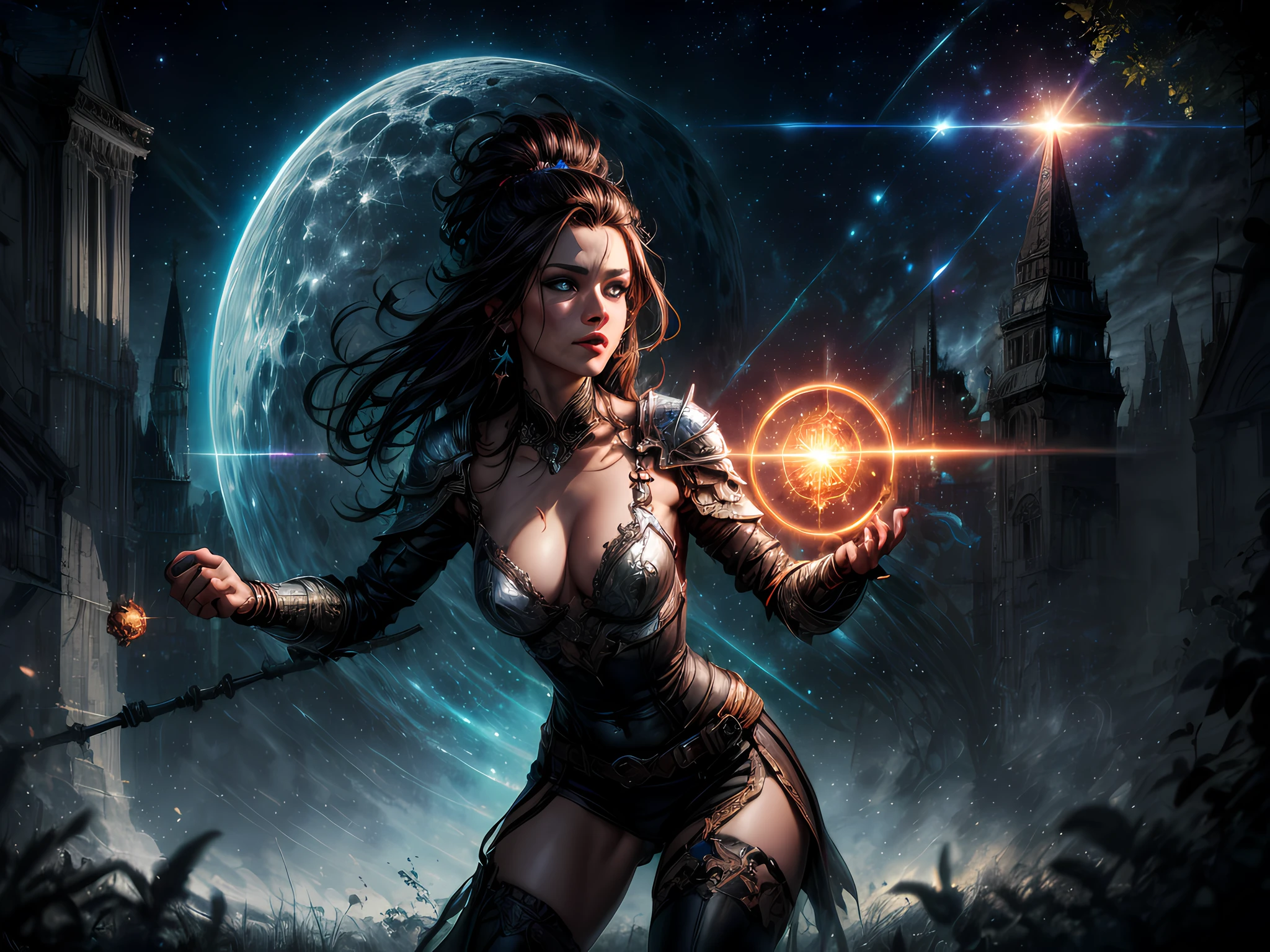 high details, best quality, 16k, absurdres [ultra detailed], masterpiece, best quality, (extremely detailed), dynamic angle, ultra wide shot, photorealistic, ((fantasy art)) ((larry elmore style)), dnd art, rpg art, realistic art, female human druid of the stars, guardian of nature, controlling magical energy made of stars, swirling blue stary magical light, divine symbols (1.5 intricate details, Masterpiece, best quality, absurdres), human female,  extremally beautiful, ultra feminine, dynamic hair, dynamic hair color, wearing leather armor, holding a staff, moon light, stars, dynamic natural background,  RPG art, magical atmosphere magic-fantasy-forest, ultra best realistic, best details, best quality, absurdres, 16k, [ultra detailed], masterpiece, best quality, (extremely detailed), ultra wide shot, photorealism, depth of field, hyper realistic painting, 3D rendering