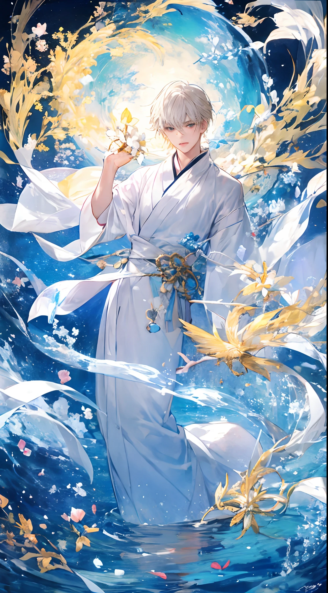 Anime boy in white robe standing in water，with short golden hair，Detailed and delicate face，Hold a flower in your hand, zerochan art, Painted traveler style in time and space， White-haired god, flowing magical robe, Digital art on Pisif , full portrait of elementalist, Beautiful celestial mage, By Yuumei, !!Full body portrait!!, Pisif, Fairy style