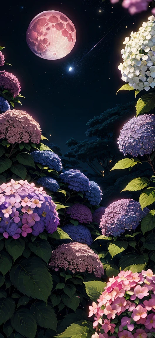 paint (strokes)+, atmosphere, intricate, aspect ratio 1:1, raytracing, Bokeh, smooth, (colorful), (detailed complex busy background: 0.8), hydrangea, (night:1.4), intricate details, beautiful, flat illustration, scenery, detail love, (ultra-detailed), photon mapping, ((intricate details)), flowers, (pink full moon)