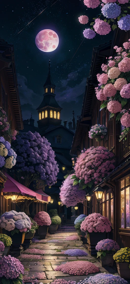 paint (strokes)+, atmosphere, intricate, aspect ratio 1:1, raytracing, Bokeh, smooth, (colorful), (detailed complex busy background: 0.8), hydrangea, (night:1.4), intricate details, beautiful, flat illustration, scenery, detail love, (ultra-detailed), photon mapping, ((intricate details)), flowers, (pink full moon)