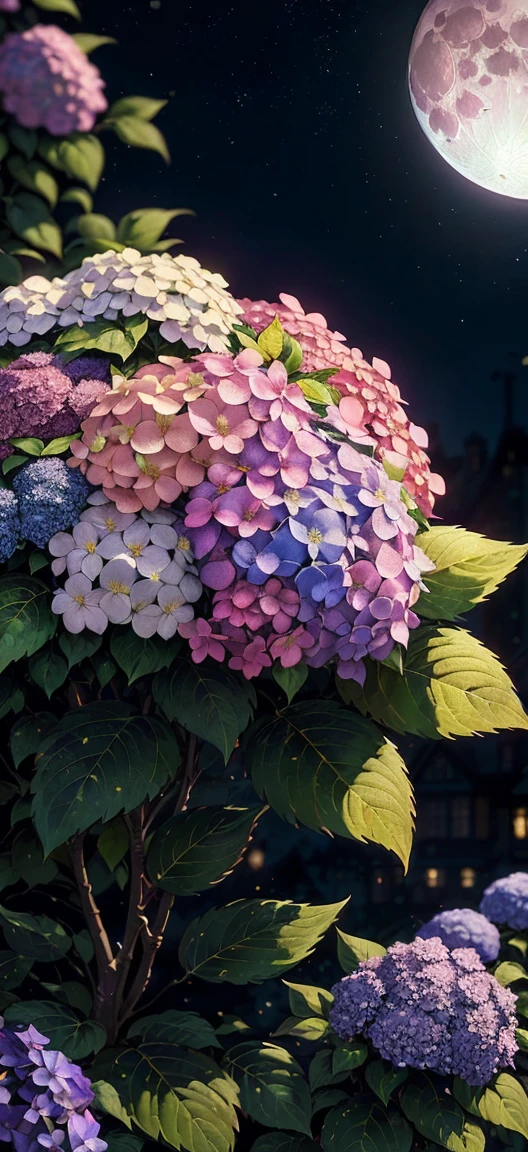 paint (strokes)+, atmosphere, intricate, aspect ratio 1:1, raytracing, Bokeh, smooth, (colorful), (detailed complex busy background: 0.8), hydrangea, (night:1.4), intricate details, beautiful, flat illustration, scenery, detail love, (ultra-detailed), photon mapping, ((intricate details)), flowers, (pink full moon)