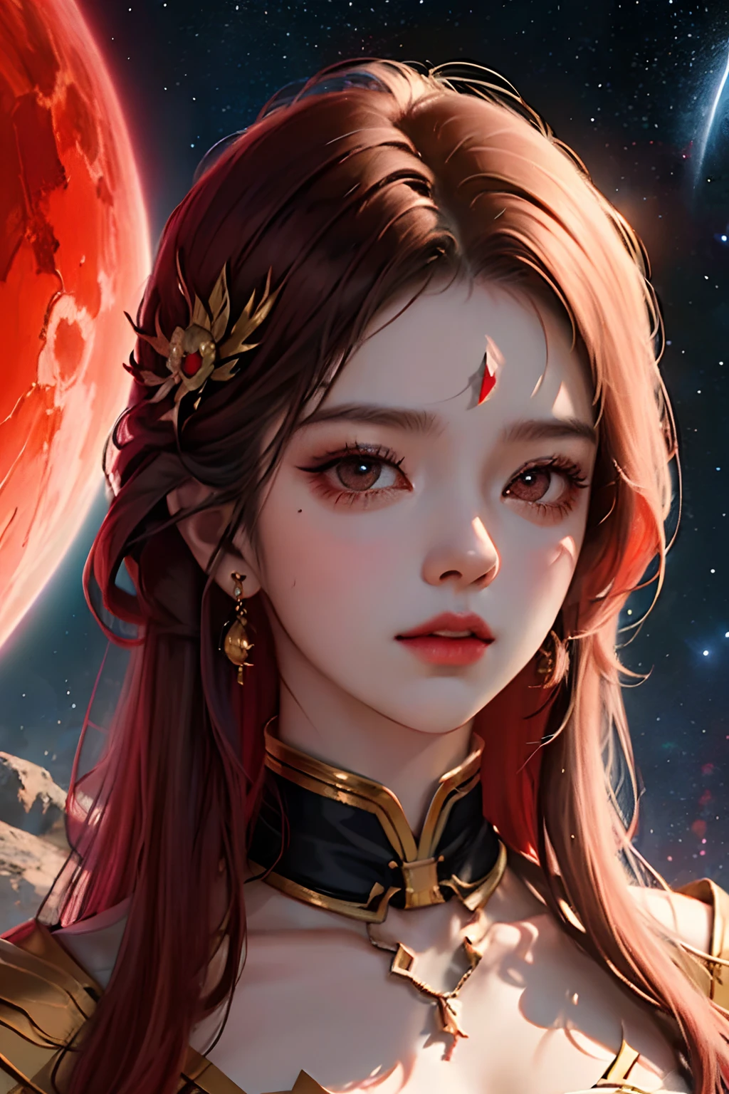 girl in galaxy portrait dark night, in the style of light red and silver, iconic album covers, shige's visual aesthetic style, light red and brown, glistening, simeon solomon, i can't believe how beautiful this is