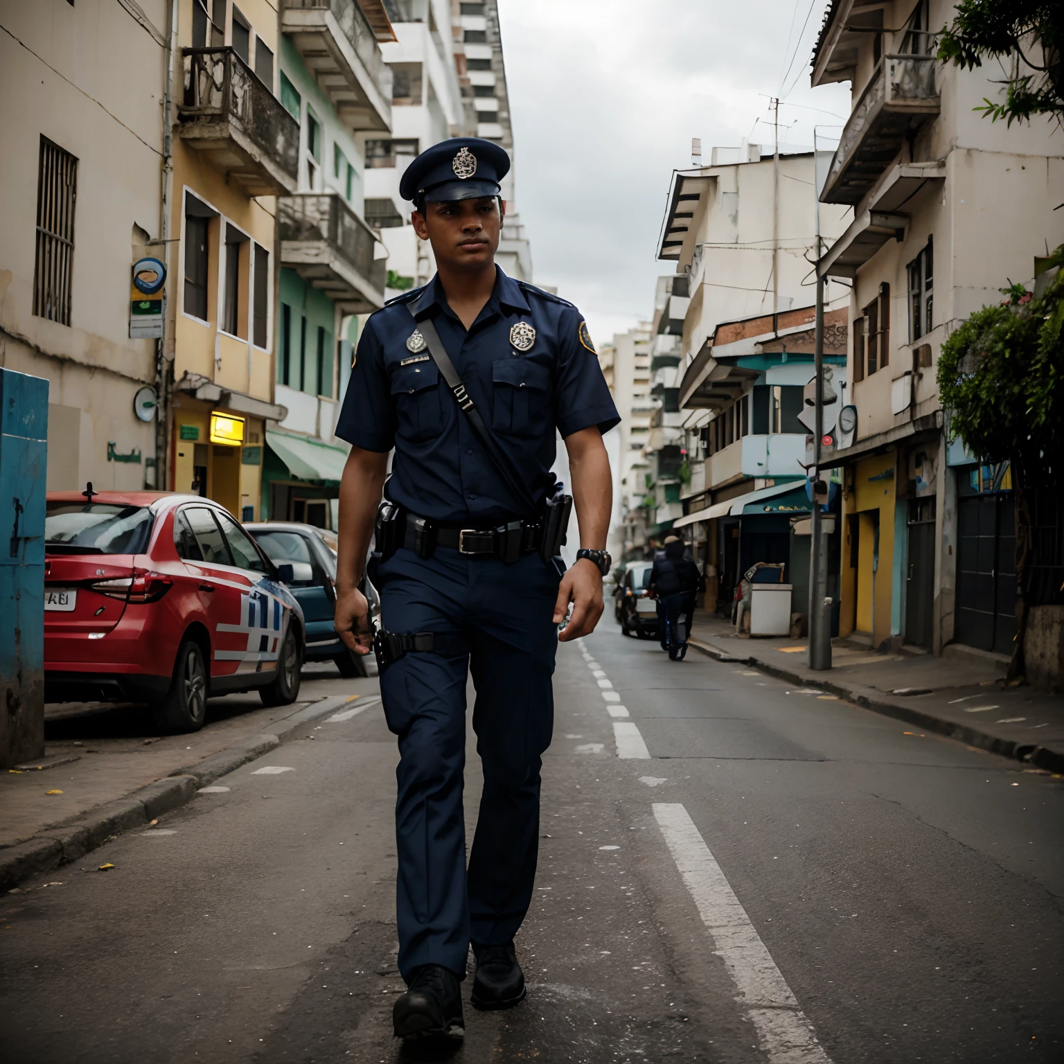 (best quality, realistic:1.37), Full-body portrait of a metropolitan police officer from Guarulhos wearing a black police uniform, including black pants and a black cap, with a white shirt,balistic vest, in a accident investigation scene on the city. [serious expression, confident stance, detailed badge and insignia, professional equipment], [busy highway with traffic, damaged vehicles, emergency lights, debris], [clear blue sky, daylight, sharp shadows], [realistic police car, reflective surfaces, flashing lights], [photo-realistic style, high-resolution details].