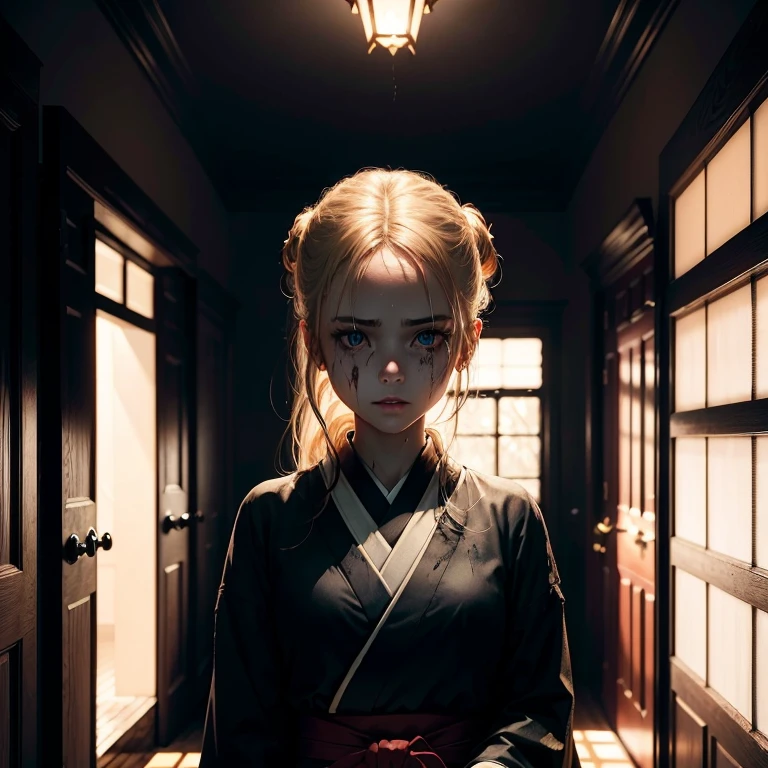 (black background, highres:1.2, realistic, ultra-detailed, horror:1.1, dramatic lighting:1.1), a blonde girl with brown eyes wearing a school uniform, her eyes wide with a kimono, blood splattered all over her face and uniform. The dark color tones intensify the horror atmosphere, with shadows adding depth to the scene. The lighting casts dramatic shadows, emphasizing the eerie and suspenseful ambiance. Creepy mansion hallway, lamp
