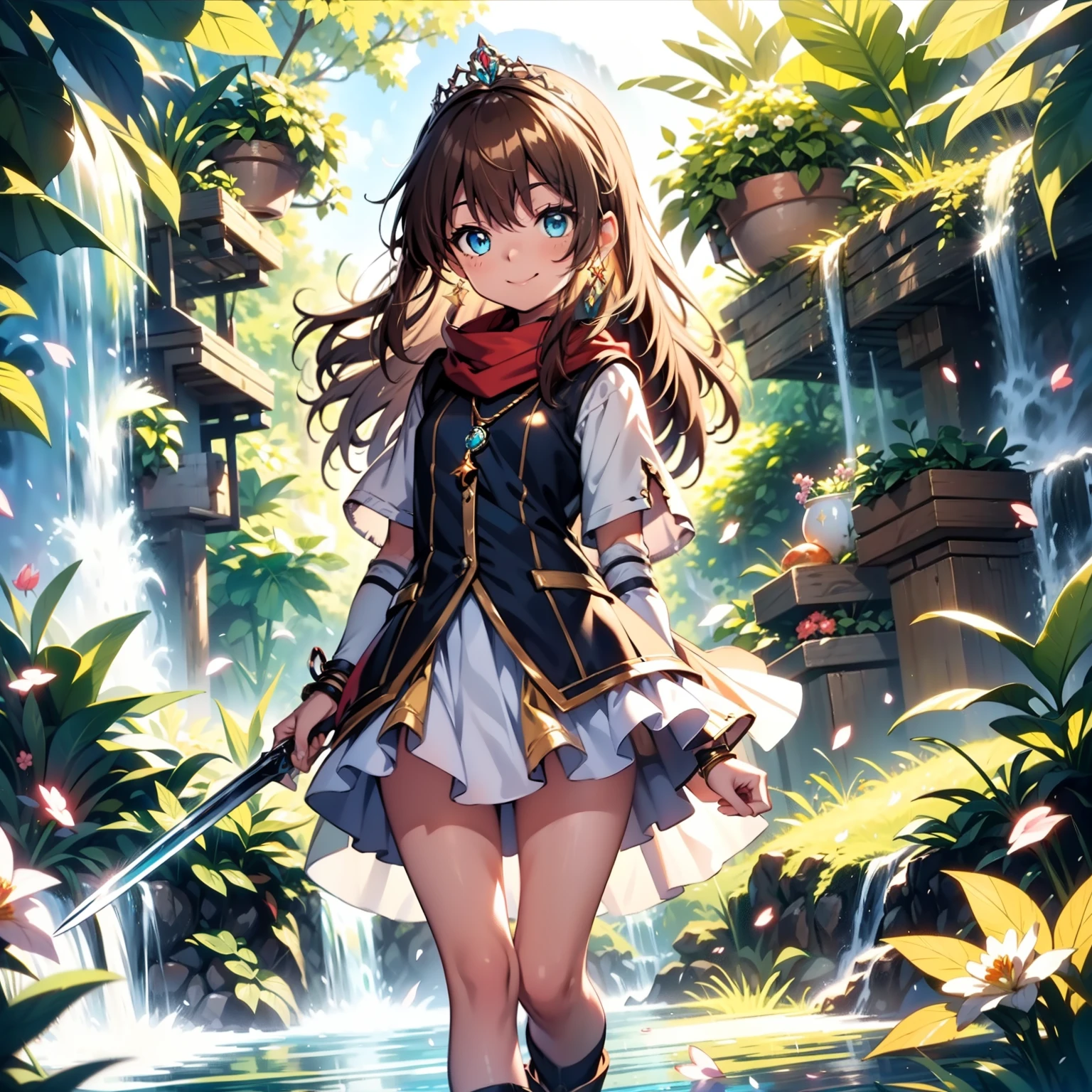 solo, pure happiness, Ultra-detailed, (Realistic, Photorealistic:1.0), vibrant colors, (waterfall background), heaven,, falling petals, cute lonely selfish 1girl princess, holding a magical sword, walking, flat chest, skinny, very thin legs, anorexic, ((young)), black school girl outfit with fishnets, silk arm warmers, short skirt, high heeled boots, red scarf, brown hair, luxurious jewelries, necklaces, pendants, bracelets, earrings, tiara, (glowing shiny magical blue eyes), looking down at viewer, seen from below, hair ribbon, hair flower, depth of field, cinematic lighting, bokeh, masterpiece, anatomically correct, (close-up)