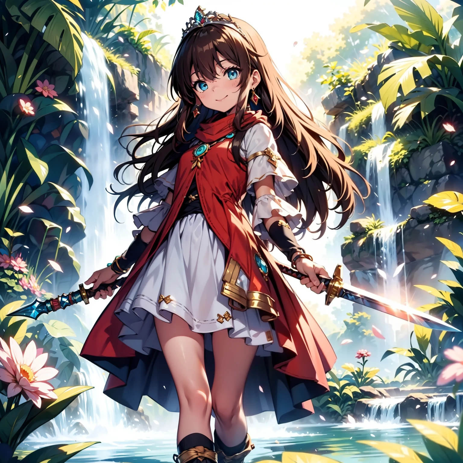 solo, pure happiness, Ultra-detailed, (Realistic, Photorealistic:1.0), vibrant colors, (waterfall background), heaven,, falling petals, cute lonely selfish 1girl princess, holding a magical sword, walking, flat chest, skinny, very thin legs, anorexic, ((young)), black school girl outfit with fishnets, silk arm warmers, short skirt, high heeled boots, red scarf, brown hair, luxurious jewelries, necklaces, pendants, bracelets, earrings, tiara, (glowing shiny magical blue eyes), looking down at viewer, seen from below, hair ribbon, hair flower, depth of field, cinematic lighting, bokeh, masterpiece, anatomically correct, (close-up)
