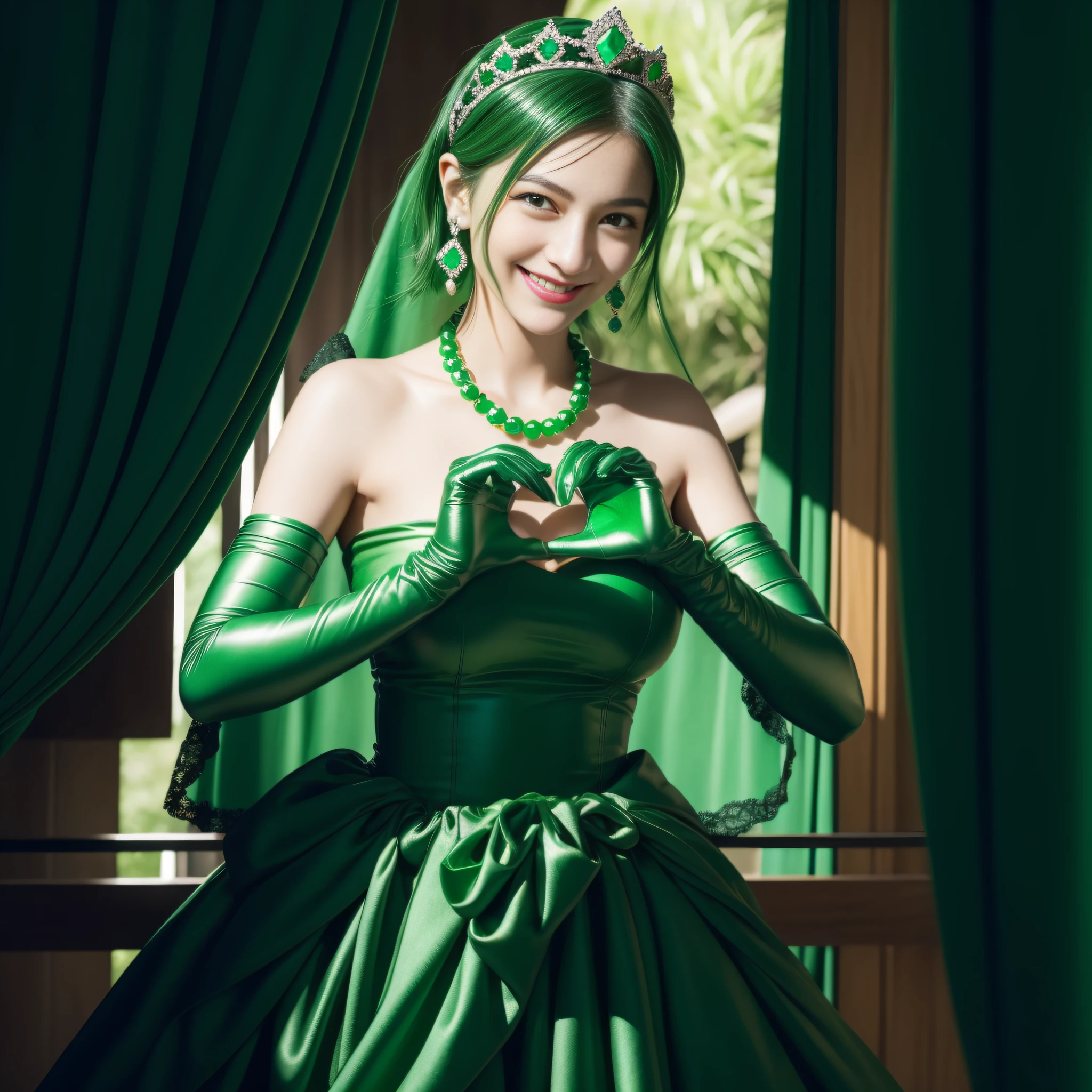 emerald tiara, Green Pearl Necklace, Boyish very short black hair, lipsticks, Japan woman smiling, very short short hair, big breasts beautiful, Green eyes, Long green gloves made of satin material, Green eyes, Emerald Earrings, green vale, Heart with both hands