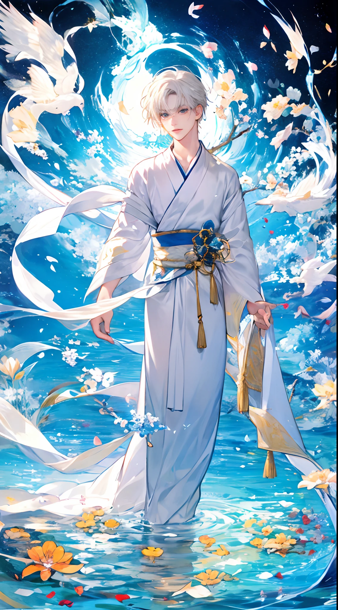 Anime boy in white robe standing in the water，with short golden hair，Detailed and delicate face，Hold a flower in your hand, zerochan art, Painted traveler style in time and space， White-haired god, flowing magical robe, Digital art on Pisif , full portrait of elementalist, Beautiful celestial mage, By Yuumei, !!Full body portrait!!, Pisif, Fairy style