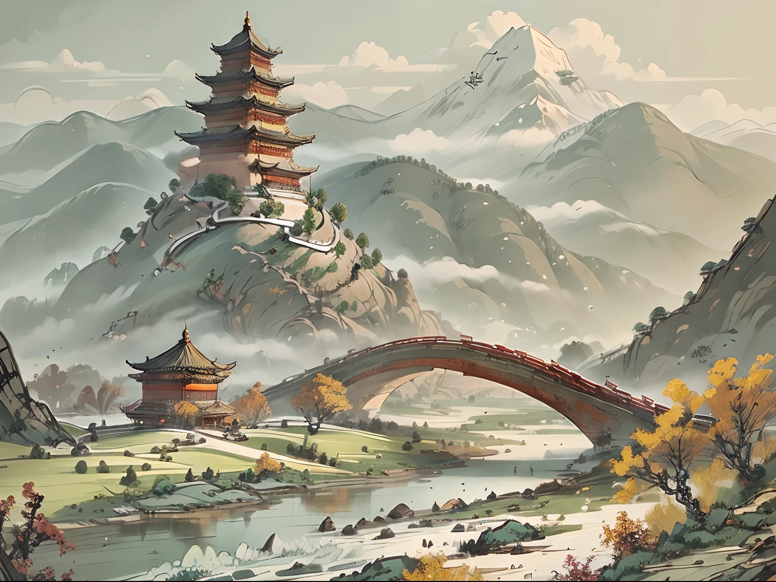 A landscape with mountains and rivers of parchment in the style of ((chino antiguo)) pagoda & Mountains A ((Little Chinese Dragon))