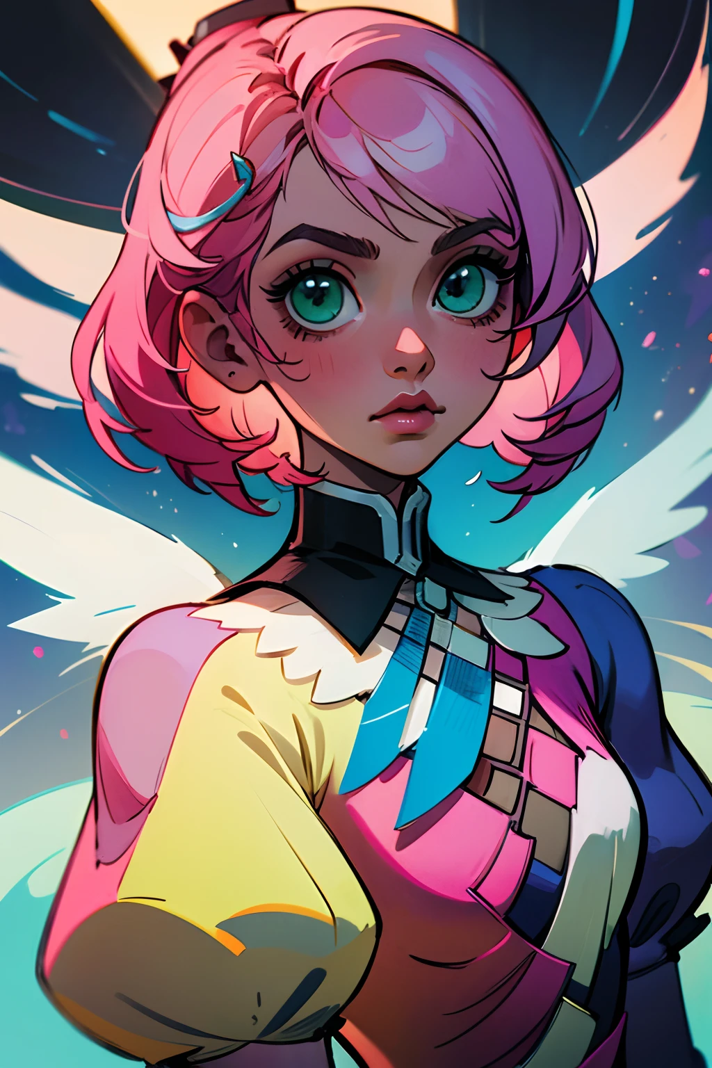 Alisa bosconovitch androide de origem russa, iris dos olhos cintilantes verdes, melhor qualidade, contemporary, estilo plano, minimalismo, Green Eyes Flat Illustration, cabelo rosa, cabelo curto, cabelos multicoloridos, Camisa Preta, mechanical wings, Head Portrait Close-U, peito pontudo, decote, super decote, middlebreasts, Tekken, cabelo rosa pastel, 1girl, em quimono, hand-painted, Desenho de linha sem cor, colorida do yandere pastel, Tekken, Super cute pink hair girl with gothic makeup on the side, figura esbelta, robusto, He sat on the floor, cabelos muito curtos, com orelhas de gato, quadratic element, kawaii cor-de-rosa na roupa da era de 1910, Alisa Bosconovich pink lips, no estilo da paleta de cores suave aurorapunk, an anime illustration of his face, gifs animados, hand drawn animation, charming sketches, suave e brilhante, romantismo nebuloso, Estilo Superflat, perspective, close-up, rotated, from side, from above, cut-in, atmospheric perspective