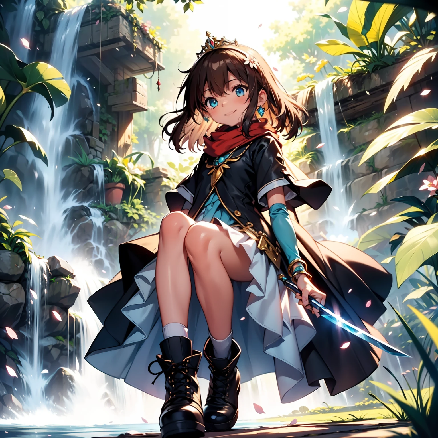 solo, pure happiness, Ultra-detailed, (Realistic, Photorealistic:1.0), vibrant colors, (waterfall background), heaven,, falling petals, cute lonely selfish 1girl princess, holding a magical sword, walking, flat chest, skinny, very thin legs, anorexic, ((young)), black school girl outfit with fishnets, silk arm warmers, short skirt, high heeled boots, red scarf, brown hair, luxurious jewelries, necklaces, pendants, bracelets, earrings, tiara, (glowing shiny magical blue eyes), looking down at viewer, ((from below)), hair ribbon, hair flower, depth of field, cinematic lighting, bokeh, masterpiece, anatomically correct, (close-up)