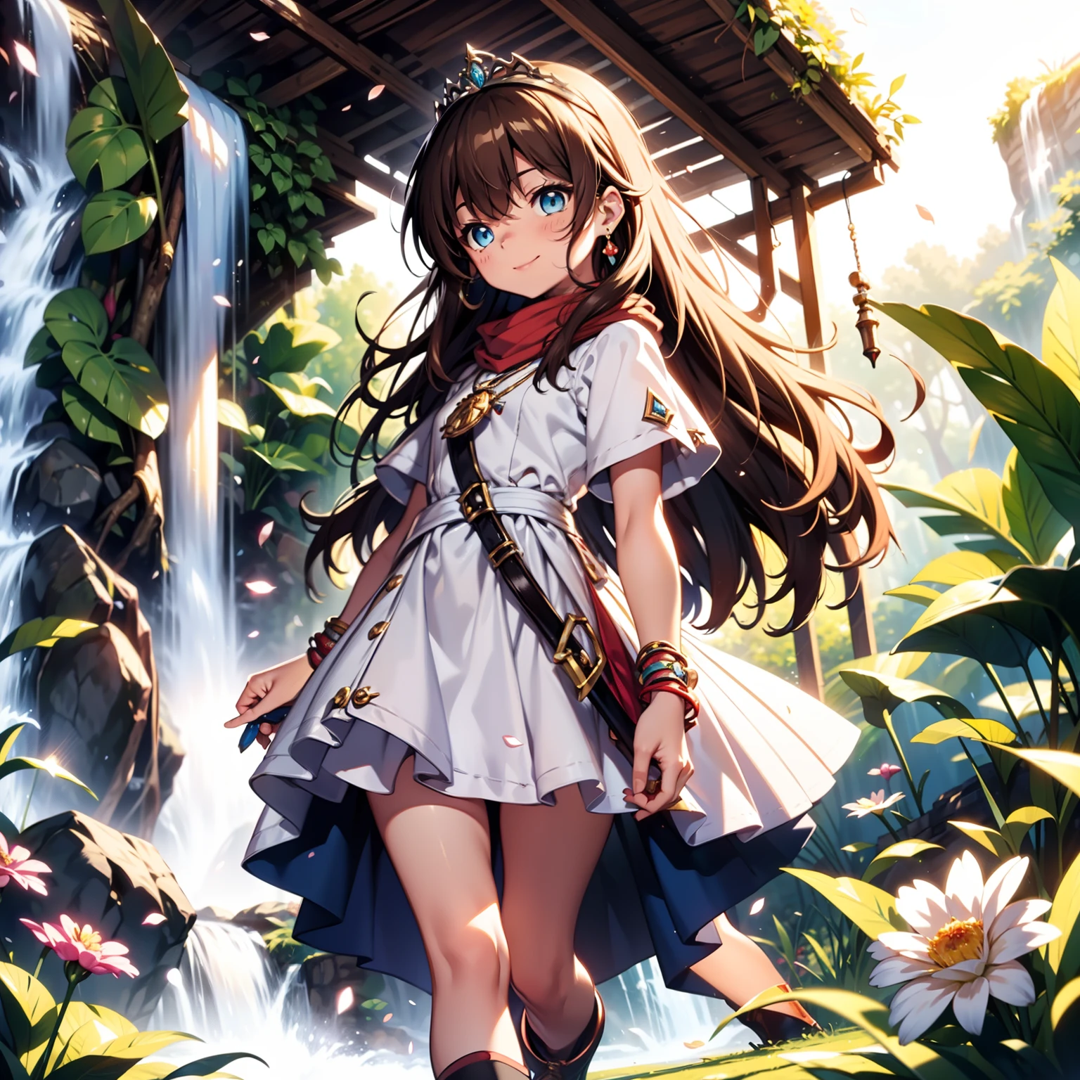 solo, pure happiness, Ultra-detailed, (Realistic, Photorealistic:1.0), vibrant colors, (waterfall background), heaven,, falling petals, cute lonely selfish 1girl princess, holding a magical sword, walking, flat chest, skinny, very thin legs, anorexic, ((young)), black school girl outfit with fishnets, silk arm warmers, short skirt, high heeled boots, red scarf, brown hair, luxurious jewelries, necklaces, pendants, bracelets, earrings, tiara, (glowing shiny magical blue eyes), looking down at viewer, ((from below)), hair ribbon, hair flower, depth of field, cinematic lighting, bokeh, masterpiece, anatomically correct, (close-up)