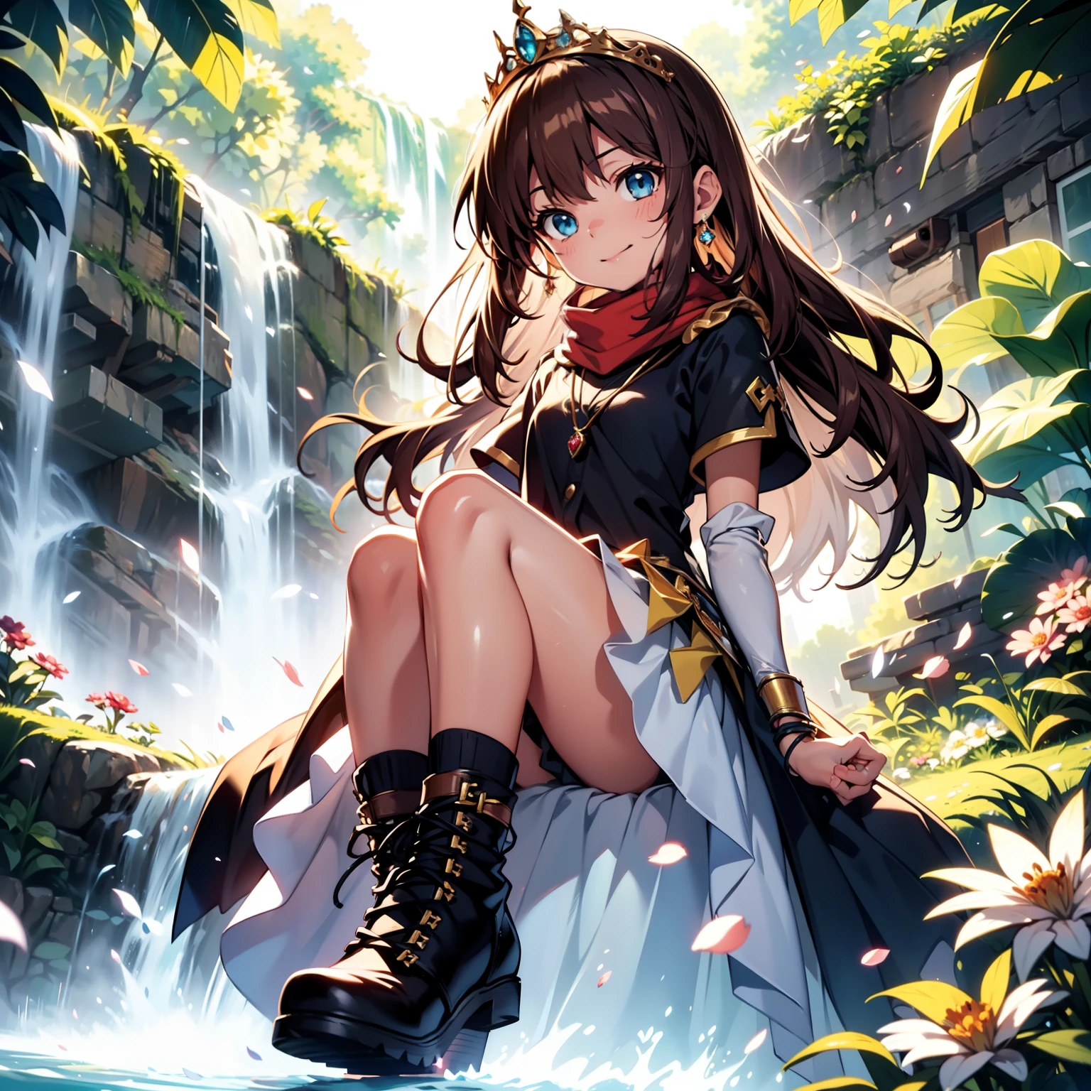 solo, pure happiness, Ultra-detailed, (Realistic, Photorealistic:1.0), vibrant colors, (waterfall background), heaven,, falling petals, cute lonely selfish 1girl princess, holding a magical sword, walking, flat chest, skinny, very thin legs, anorexic, ((young)), black school girl outfit with fishnets, silk arm warmers, short skirt, high heeled boots, red scarf, brown hair, luxurious jewelries, necklaces, pendants, bracelets, earrings, tiara, (glowing shiny magical blue eyes), looking down at viewer, ((from below)), hair ribbon, hair flower, depth of field, cinematic lighting, bokeh, masterpiece, anatomically correct, (close-up)