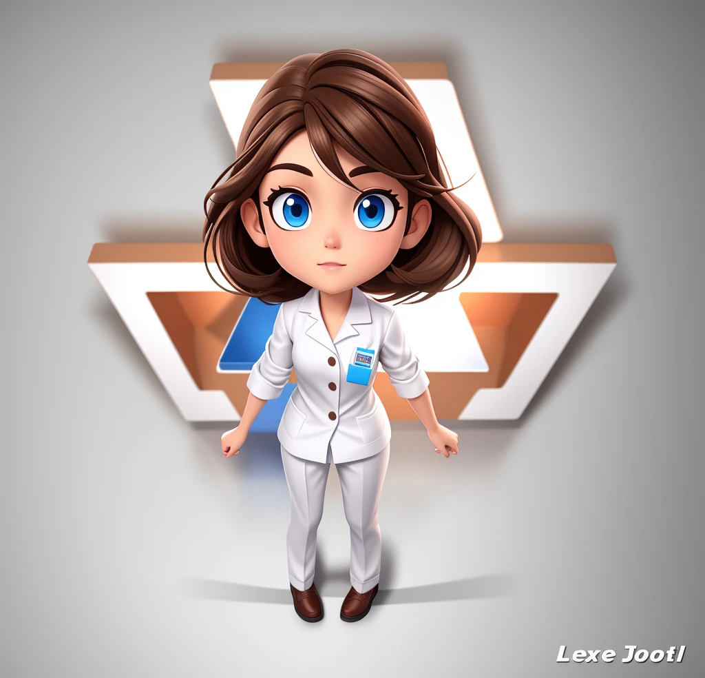 PHARMACIST, White lab coat, medium and brown hair, olhos muito detalhados, Detalhes de alta textura, olhos muito detalhados cabelo e roupas, best quality, realistic hair, clothes and skin texture, lindos olhos, rosto perfeito, shaped body, blue eyes, visao frontal, Arms crossed in front of a shopping mall pharmacy