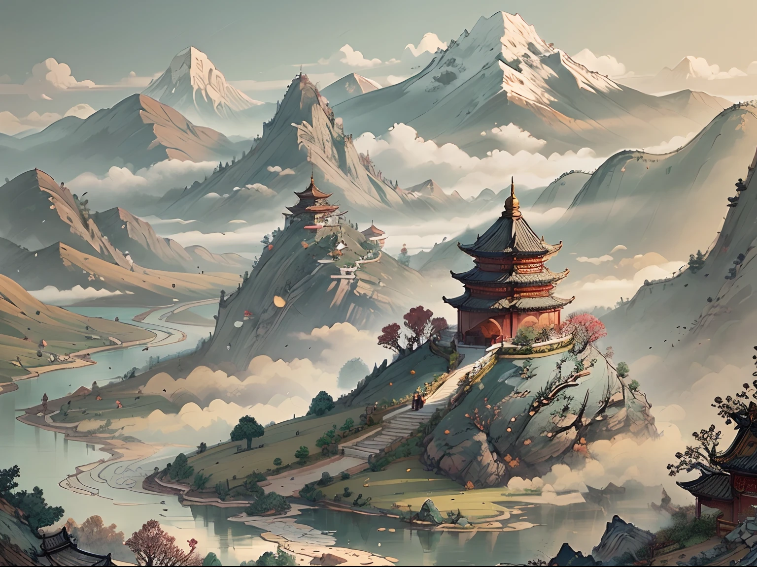 A landscape with mountains and rivers of parchment in the style of ((chino antiguo)) pagoda & Mountains A ((Little Chinese Dragon))