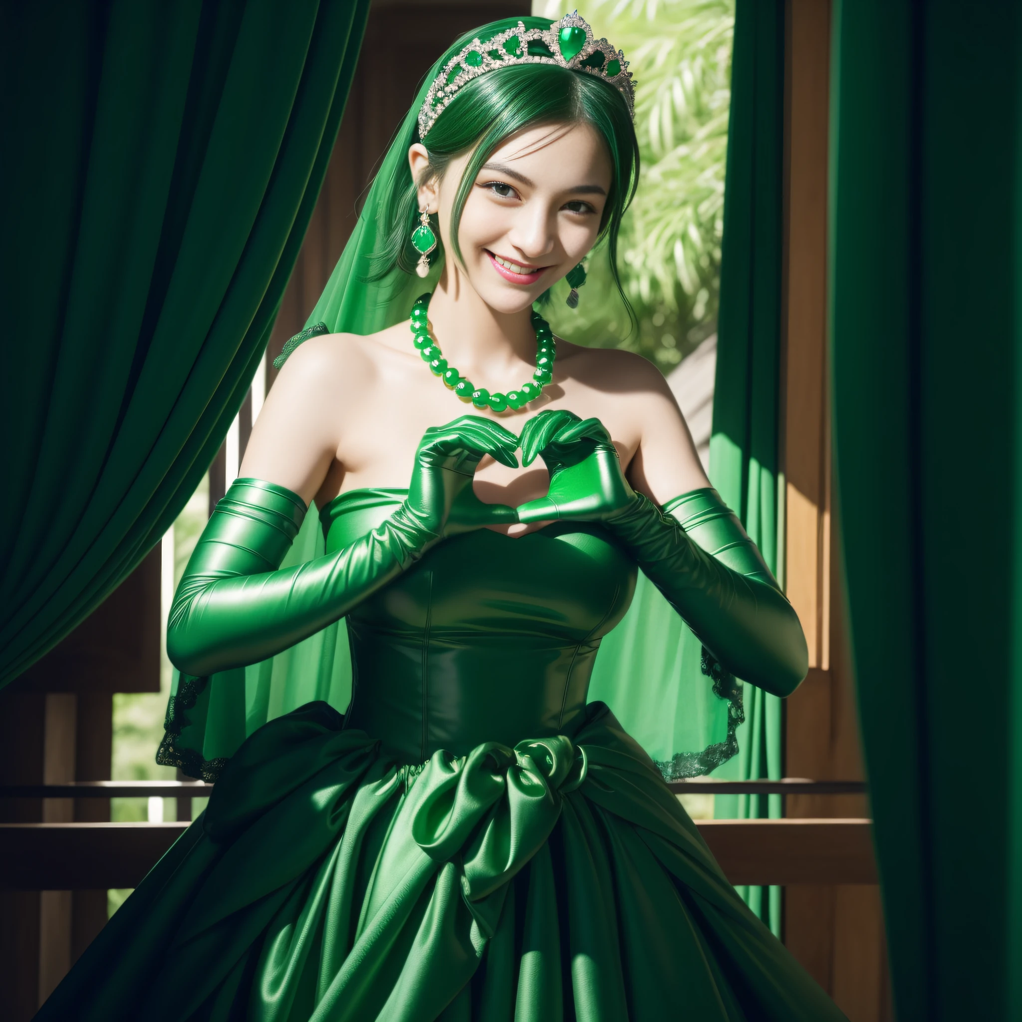 emerald tiara, Green Pearl Necklace, Boyish very short black hair, lipsticks, Japan woman smiling, very short short hair, big breasts beautiful, Green eyes, Long green gloves made of satin material, Green eyes, Emerald Earrings, green vale, Heart with both hands
