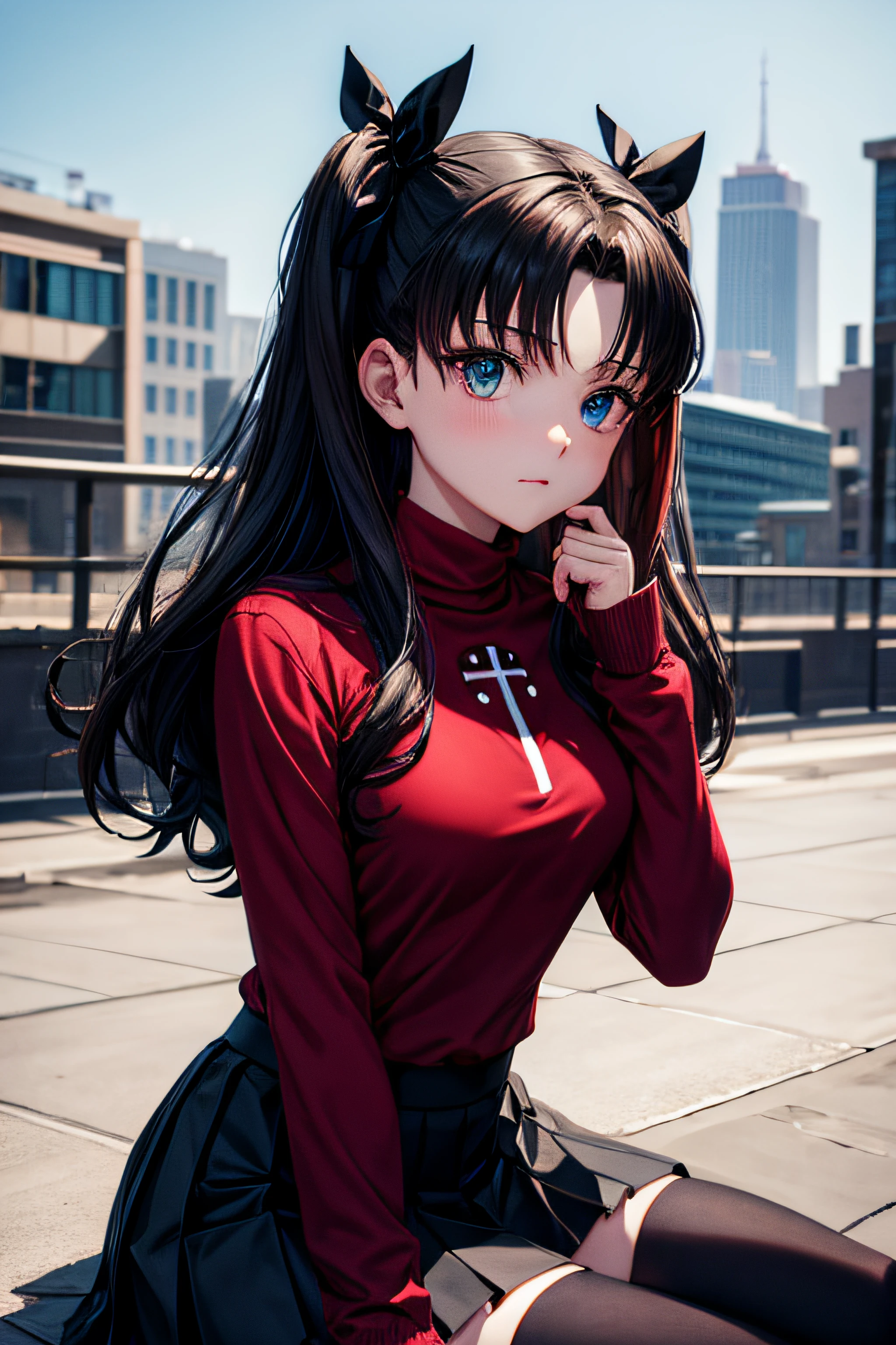 (masterpiece), best quality, expressive eyes, perfect face, 1girl, solo, rintohsaka, rin tohsaka, aqua eyes, black hair, hair ribbon, long hair, ribbon, sidelocks, two side up, black skirt, black thighhighs, long sleeves, miniskirt, pleated skirt, ((red sweater)), skirt, sweater, thighhighs, turtleneck, city background, sitting, character sheet, upper body, portrait, looking at viewer